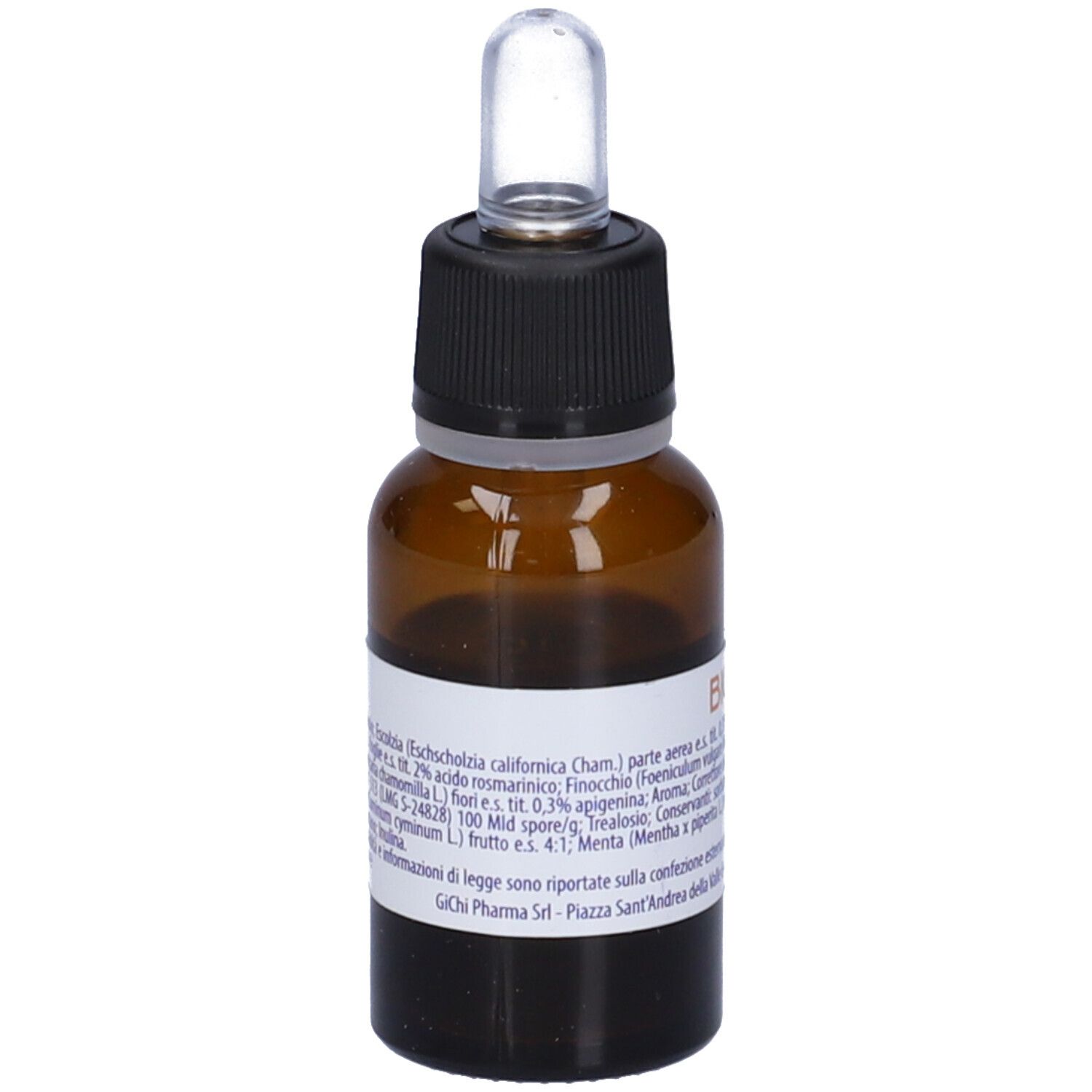 Flacone di vetro marrone con tappo nero e contagocce. Scritto: BIGUD.