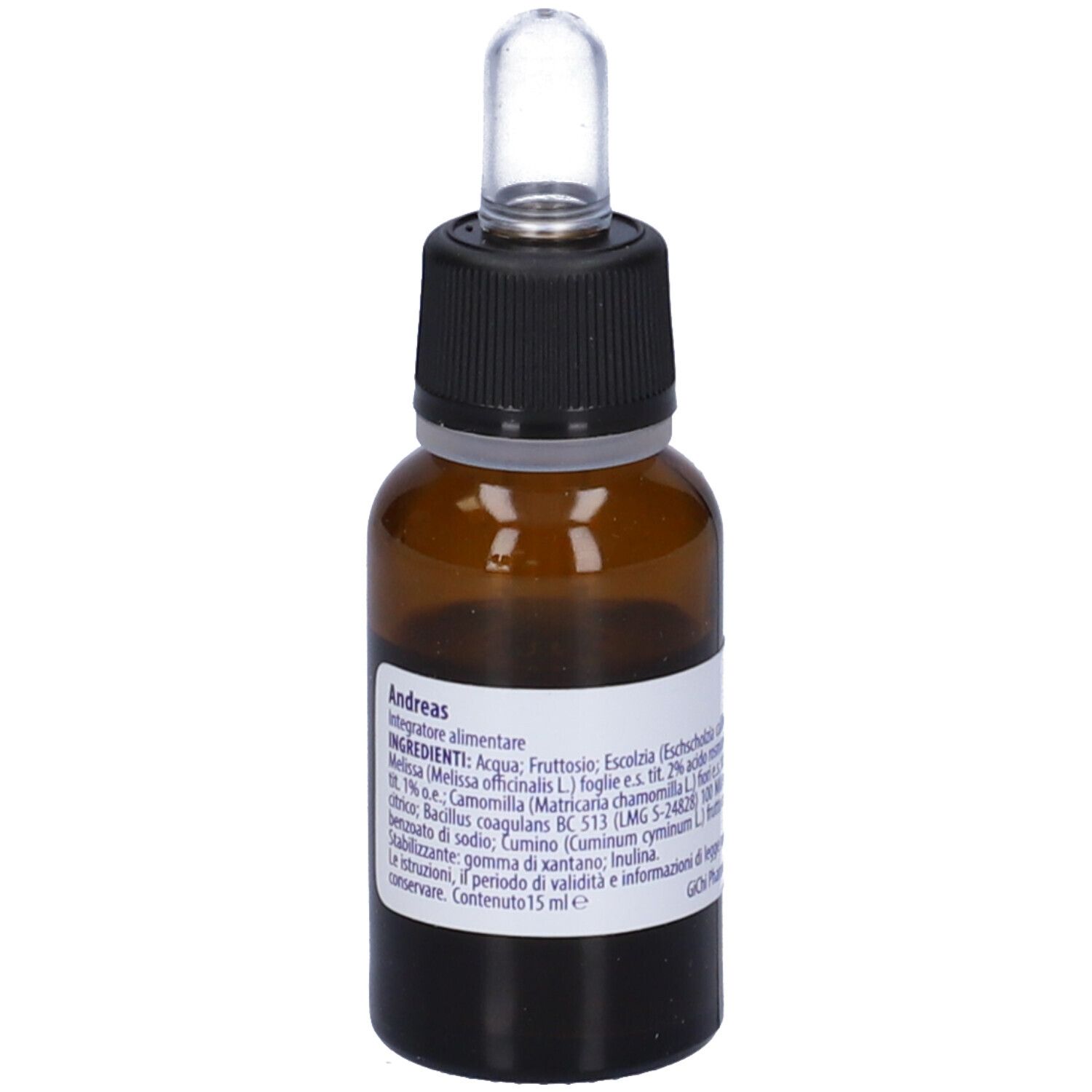 Flacone di vetro marrone con tappo nero e contagocce. Scritto: BIGUD.