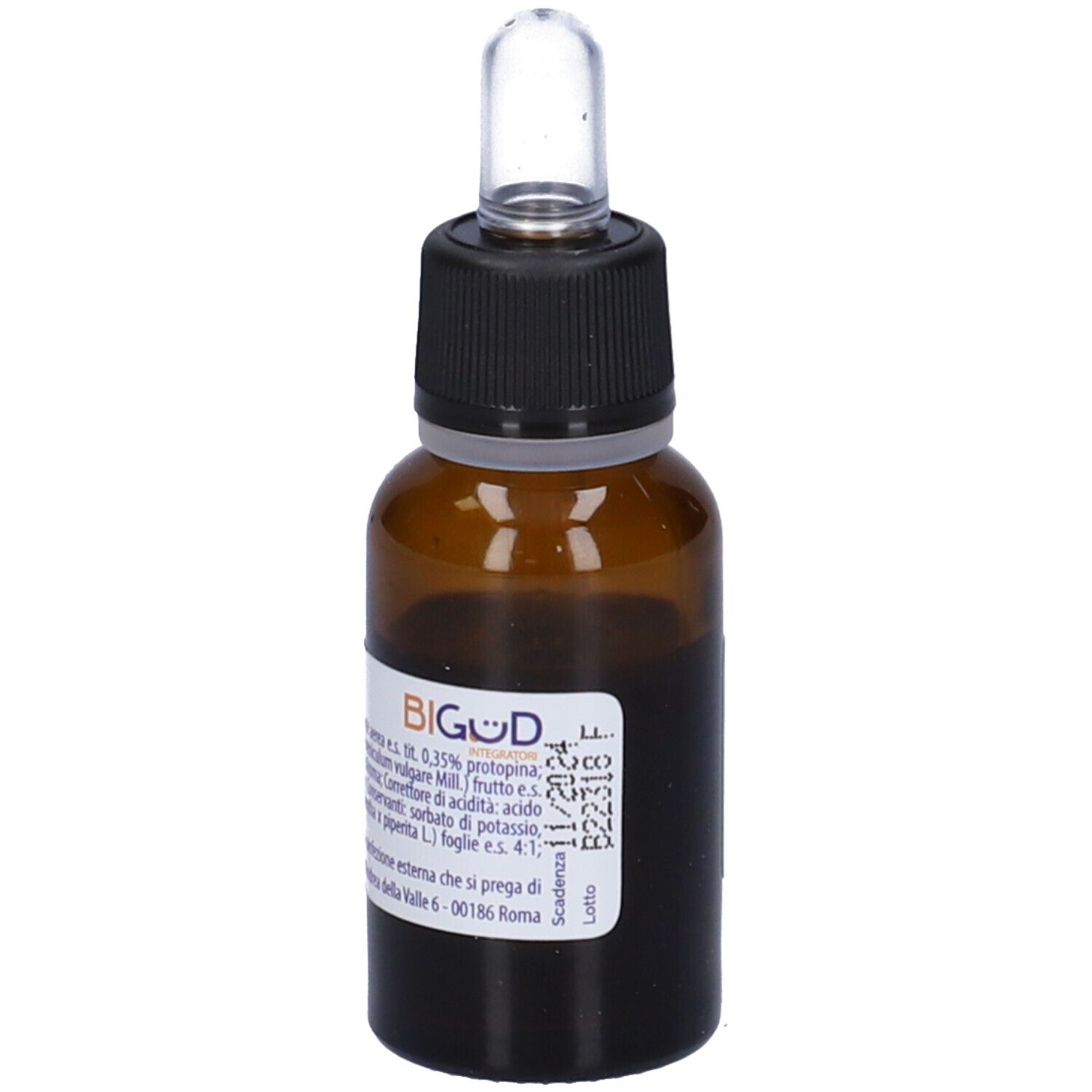 Flacone di vetro marrone con tappo nero e contagocce. Scritto: BIGUD.