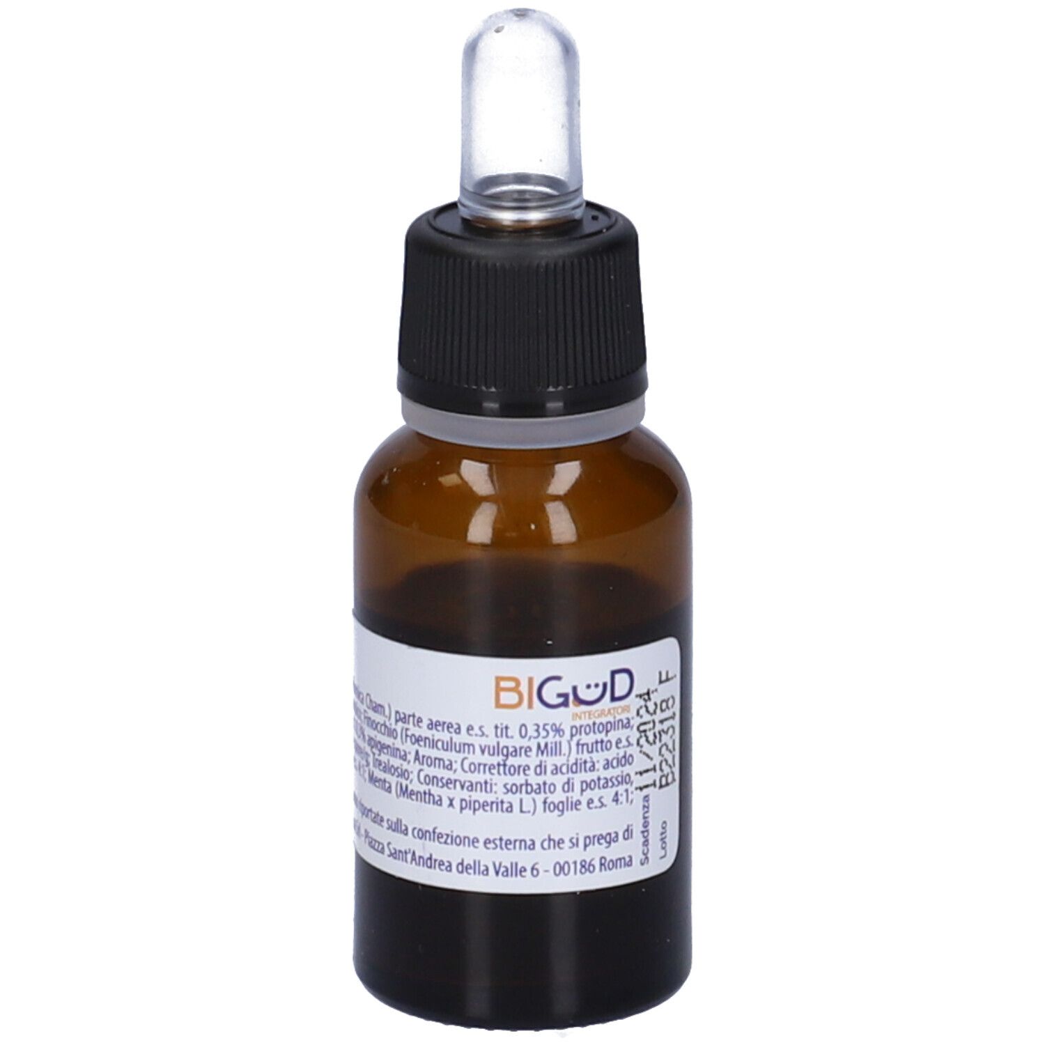 Flacone di vetro marrone con tappo nero e contagocce. Scritto: BIGUD.