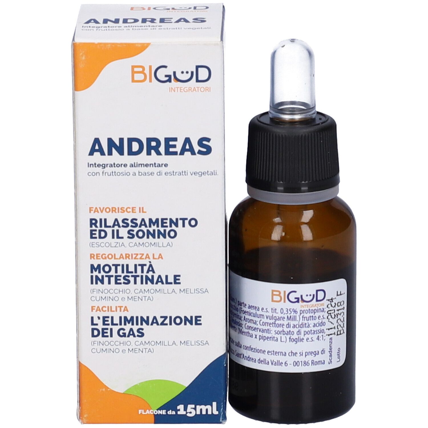 Flacone di vetro marrone con tappo nero e contagocce. Scritto: BIGUD.