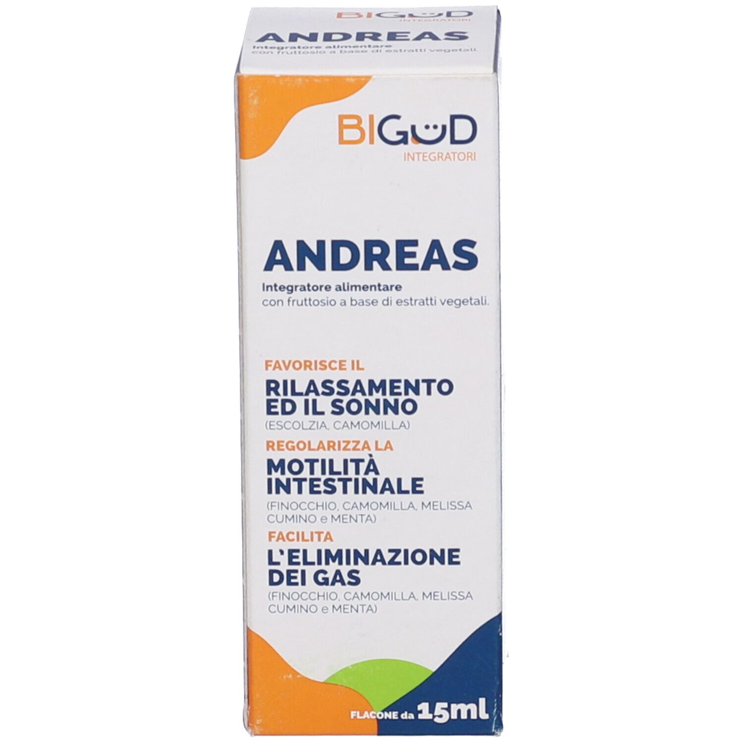 Scatola con scritto: BIGUD, Andreas, 15ml. Flacone con contagocce accanto.