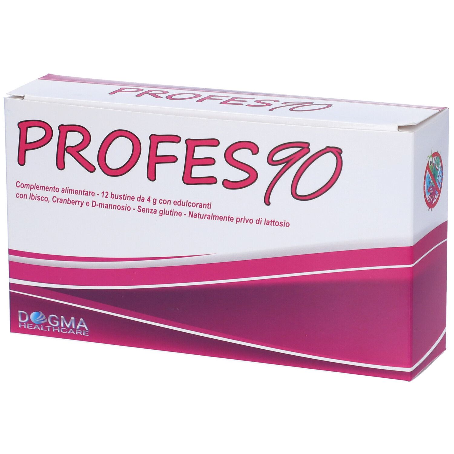 Scatola bianca con accenti rosa. Scritta PROFES90. Testo: Integratore alimentare, 12 bustine da 4 g con edulcoranti.