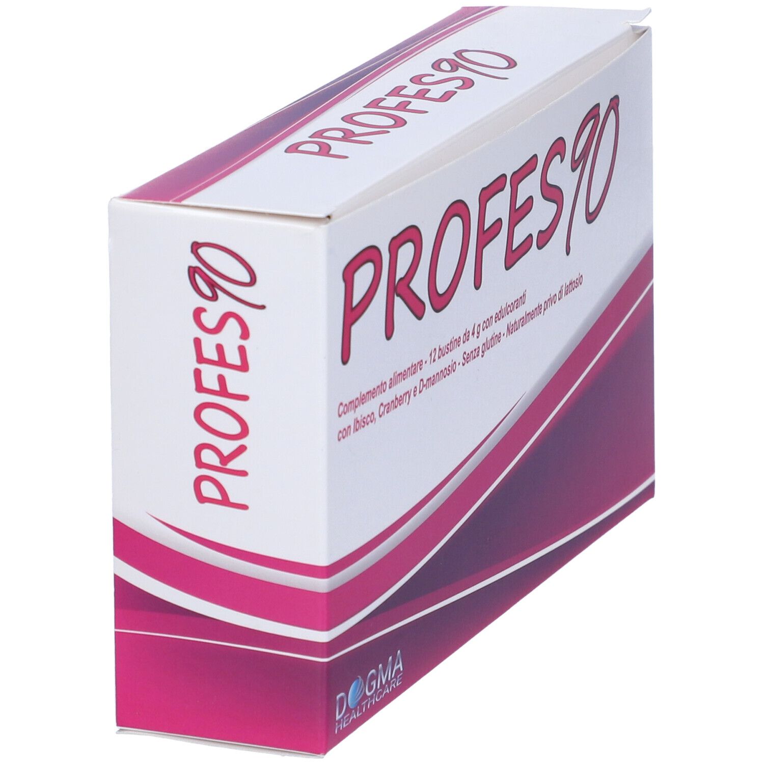 Scatola bianca con accenti rosa. Scritta PROFES90. Testo: Integratore alimentare, 12 bustine da 4 g con edulcoranti.