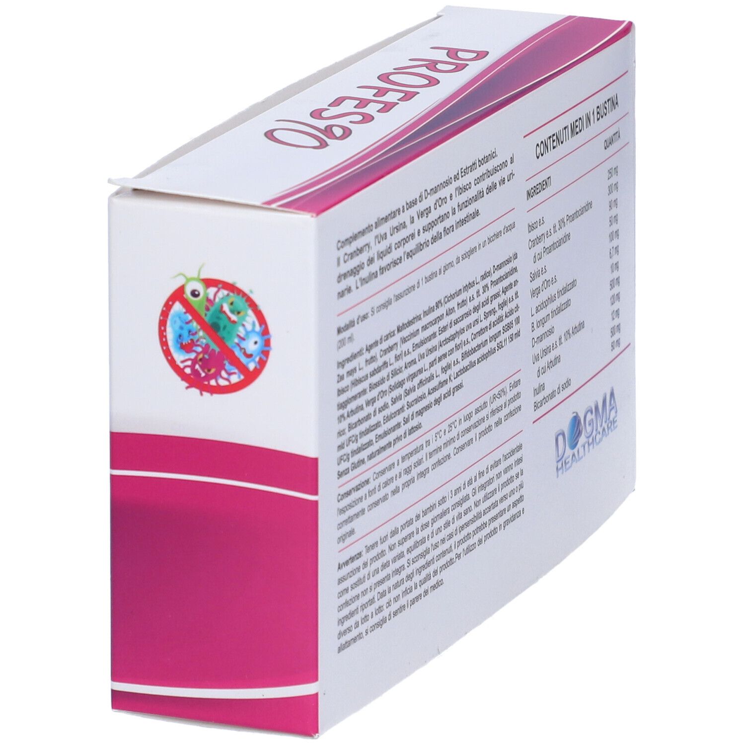 Scatola bianca con accenti rosa. Scritta PROFES90. Retro con ingredienti e informazioni nutrizionali.