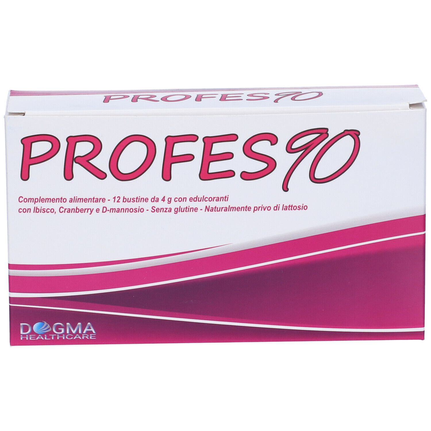 Scatola bianca con accenti rosa. Scritta PROFES90. Testo: Integratore alimentare, 12 bustine da 4 g con edulcoranti.