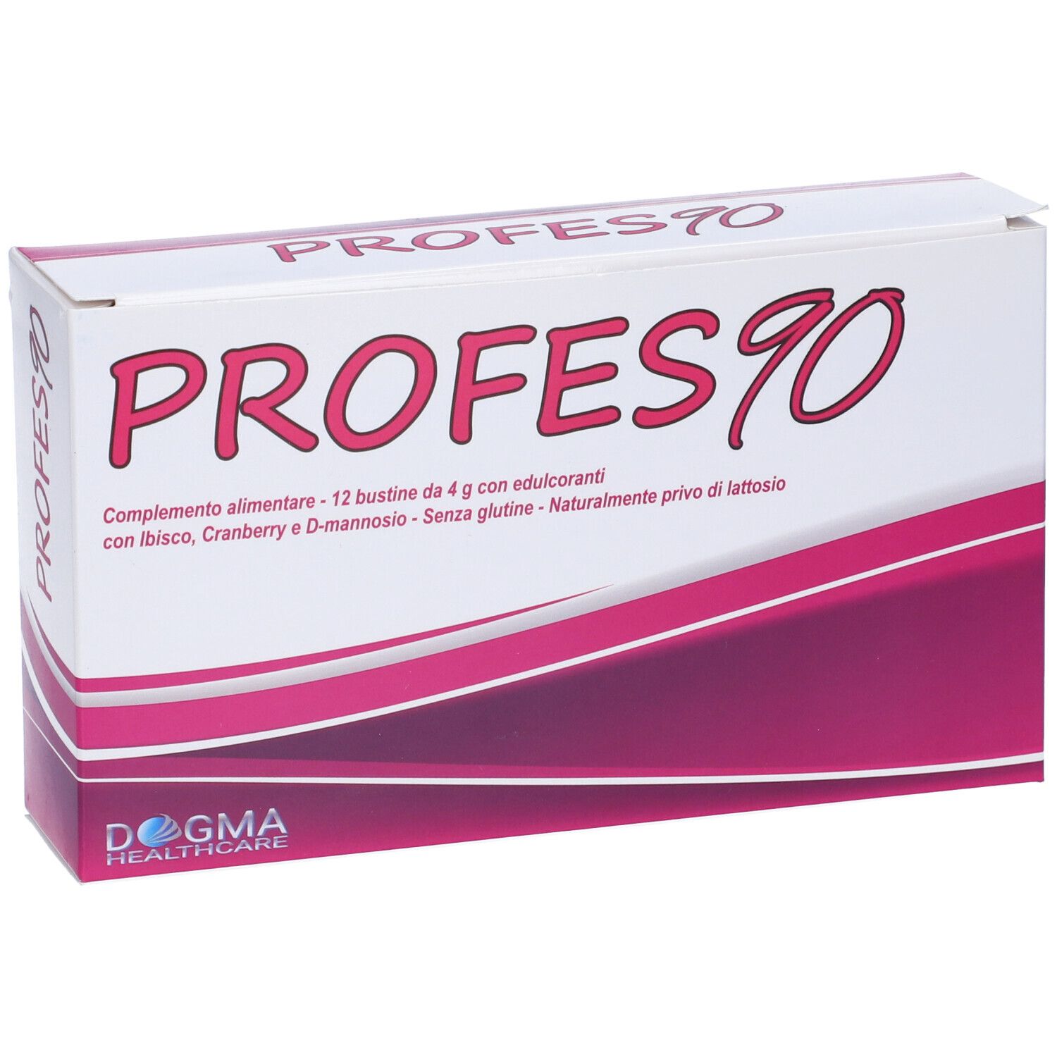 Scatola bianca con accenti rosa. Scritta PROFES90. Testo: Integratore alimentare, 12 bustine da 4 g con edulcoranti.