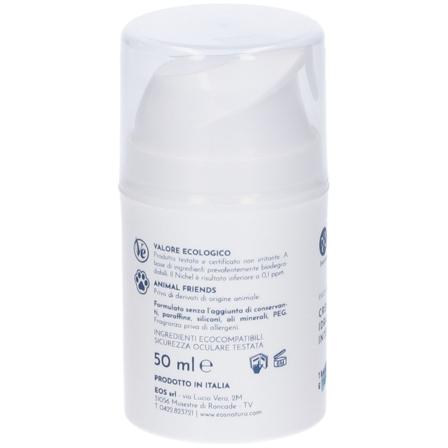 Retro del flacone bianco. Testo: Valore Ecologico, Animal Friends, 50 ml, Prodotti in Italia.