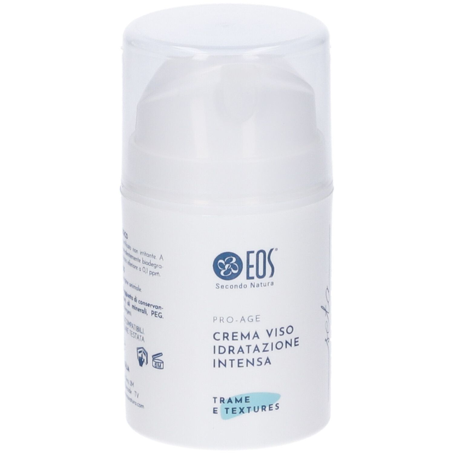 Flacone bianco con dosatore. Scritta: EOS, Pro-Age, Crema Viso Idratazione Intensa, Trame e textures.