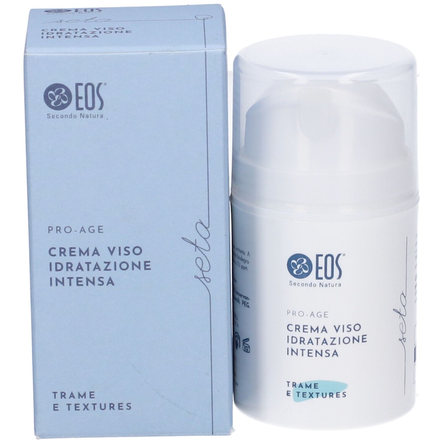 Flacone bianco e scatola. Scritta: EOS, Pro-Age, Crema Viso Idratazione Intensa, Trame e textures.