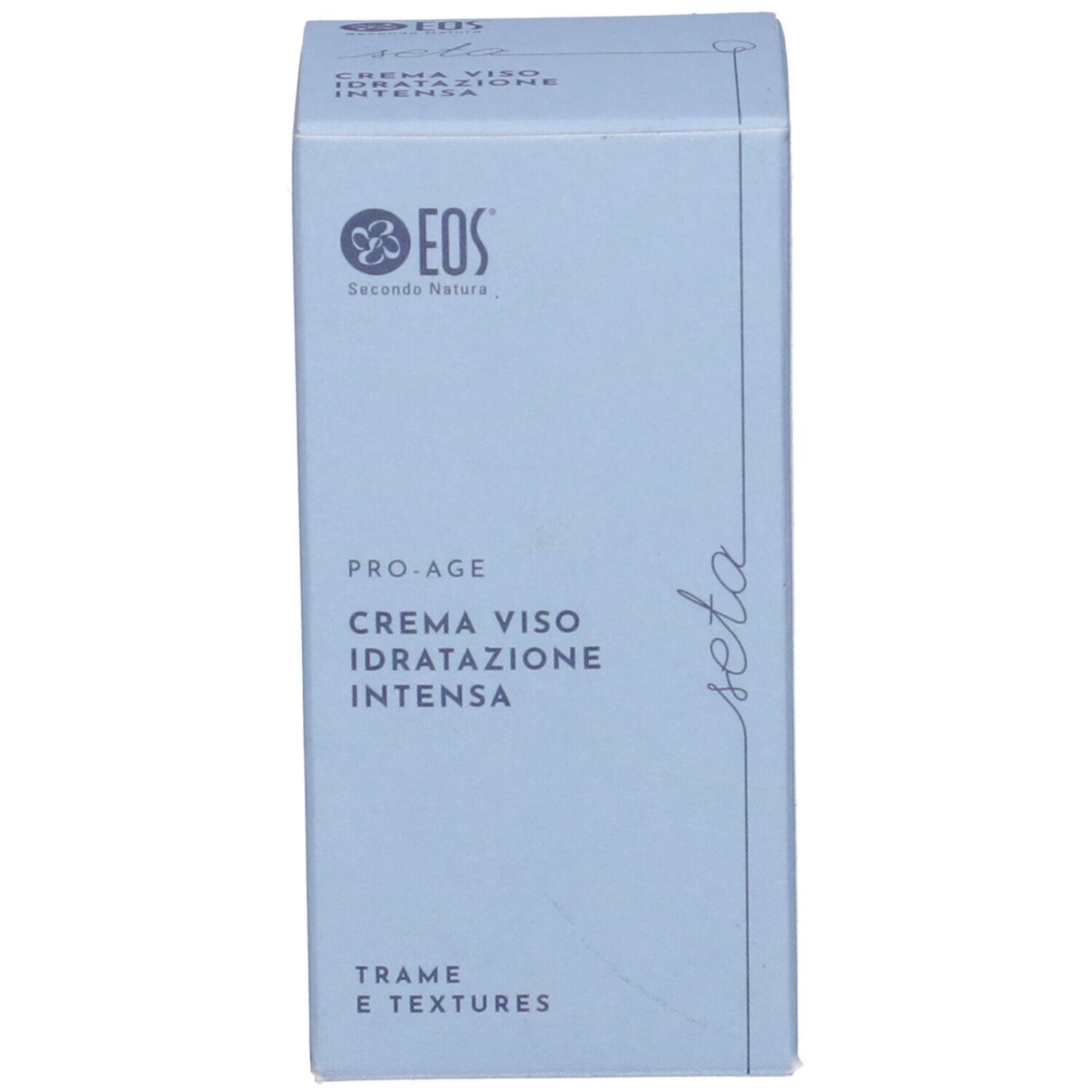 Scatola blu. Scritta: EOS, Pro-Age, Crema Viso Idratazione Intensa, Trame e textures.