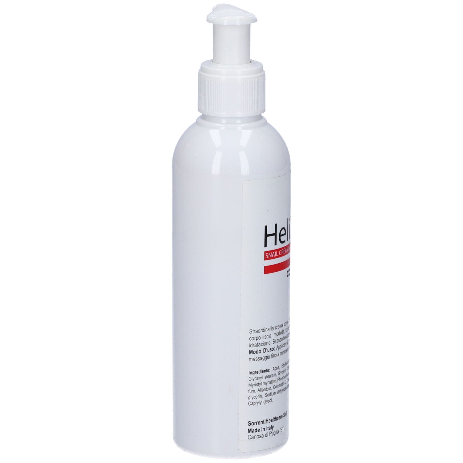 Flacone bianco con dosatore. Scritta: Helixine, Corpo. Testo e ingredienti.