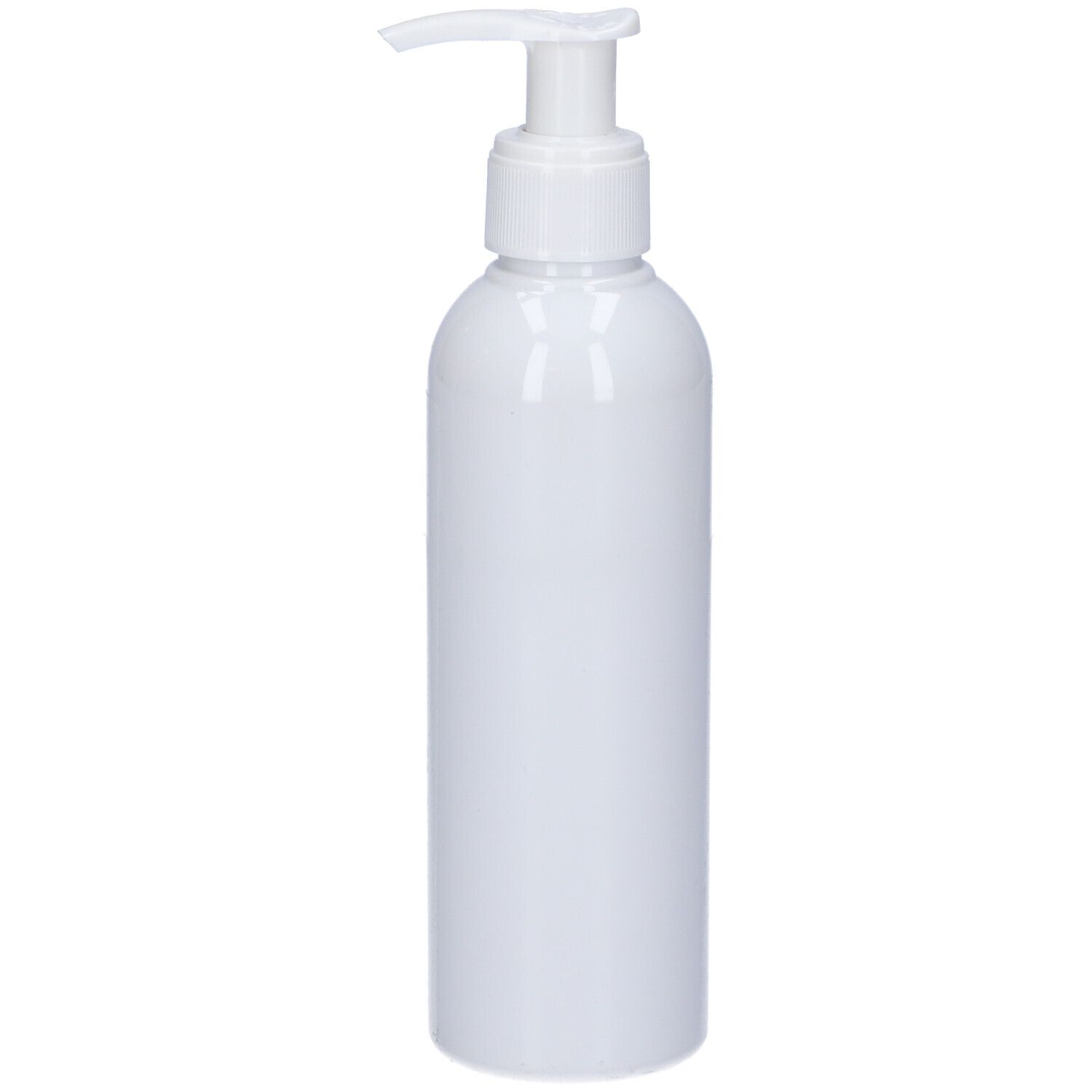 Flacone bianco con dosatore. Superficie liscia. Nessuna scritta visibile.