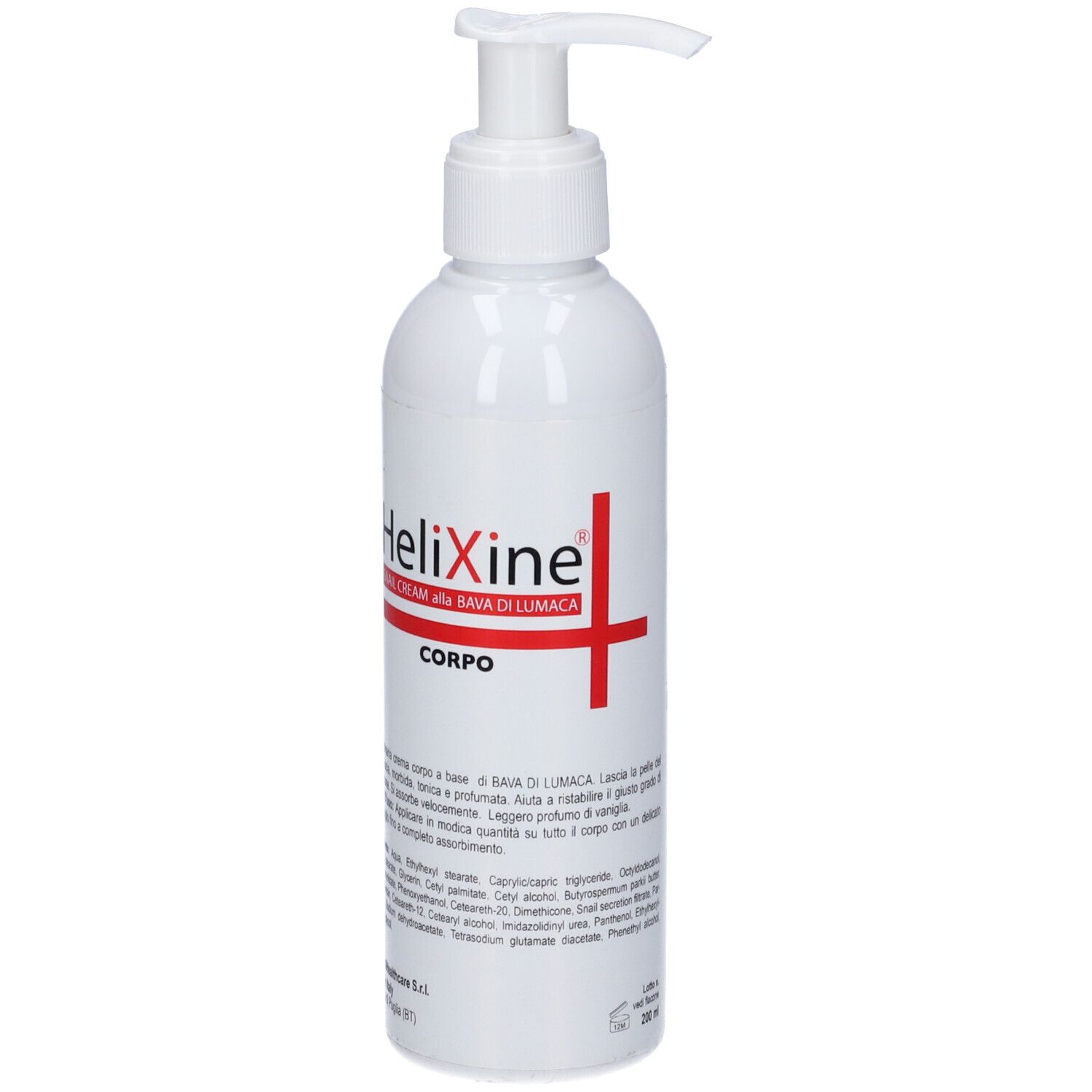 Flacone bianco con dosatore. Scritta: Helixine, Corpo. Design croce rossa.