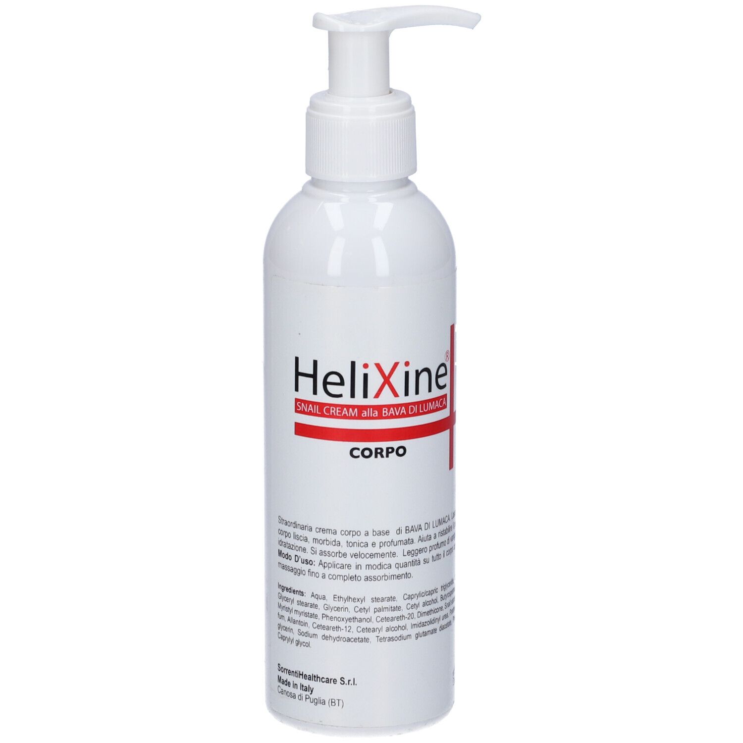 Flacone bianco con dosatore. Scritta: Helixine, Corpo. Design croce rossa.