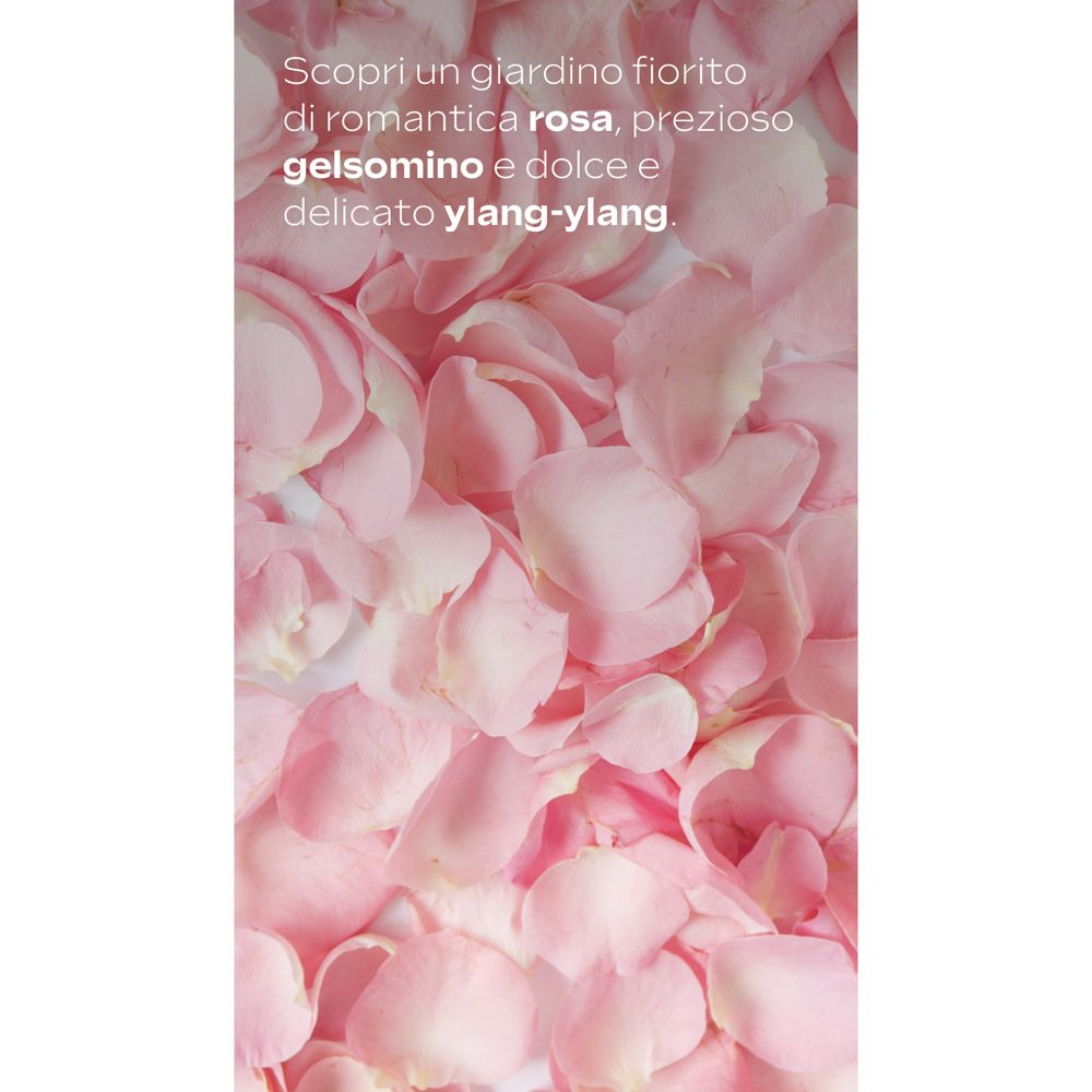 Petali di rosa rosa. Testo: "Scopri un giardino fiorito di romantica rosa, prezioso gelsomino e dolce e delicato ylang-ylang."
