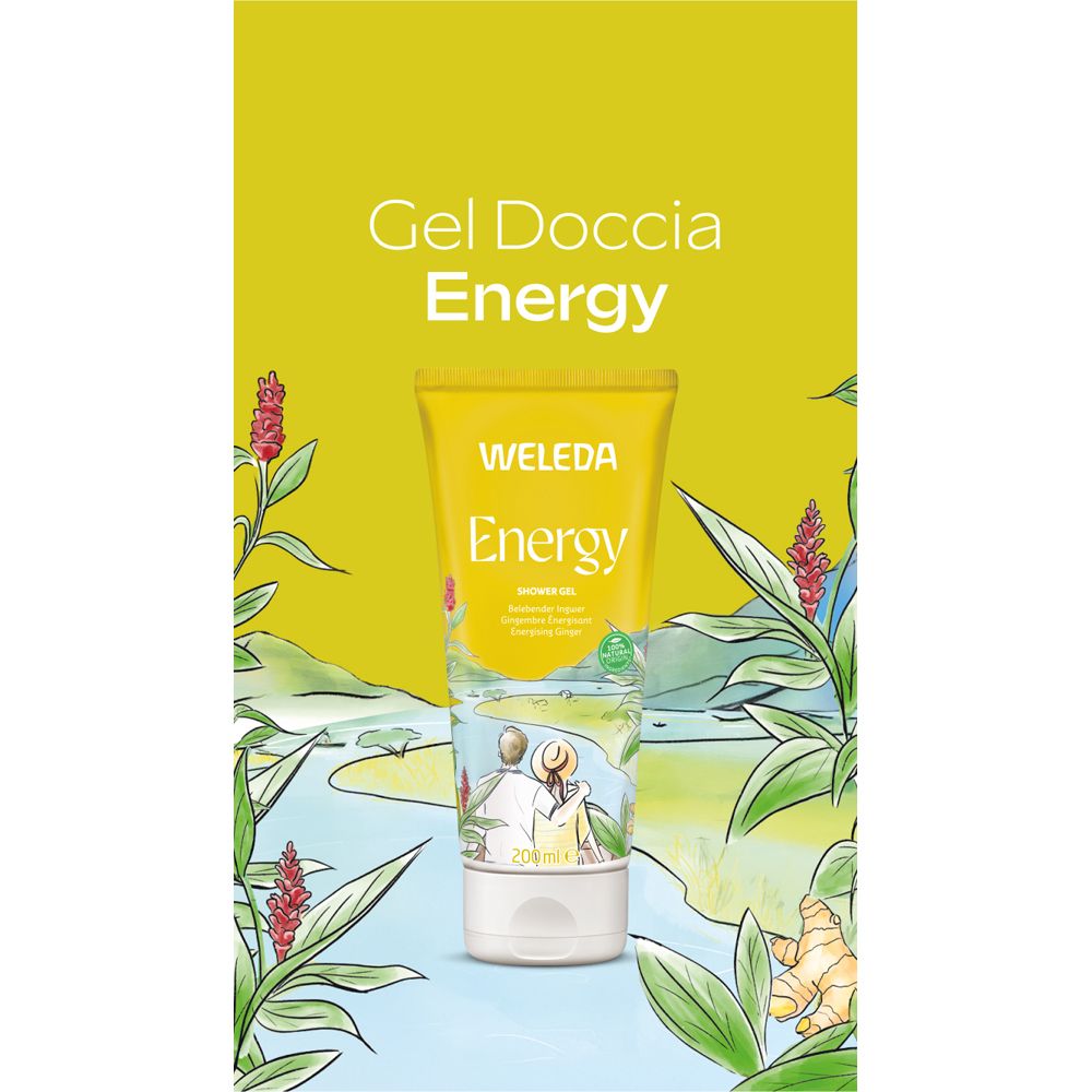 Gel doccia WELEDA Energy in confezione gialla. Immagine del prodotto con illustrazione. Gel Doccia Energy.