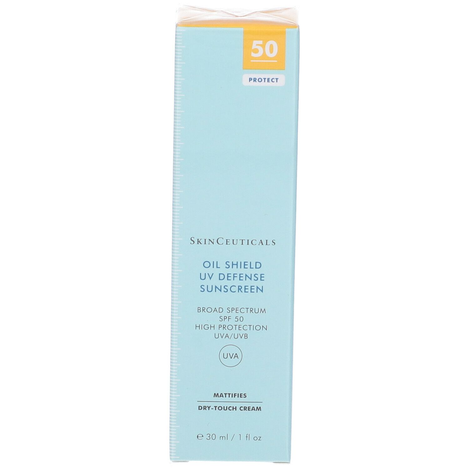 Confezione di cartone con protezione solare. Scritta: Oil Shield UV Defense Sunscreen, SPF 50. Sfondo azzurro.