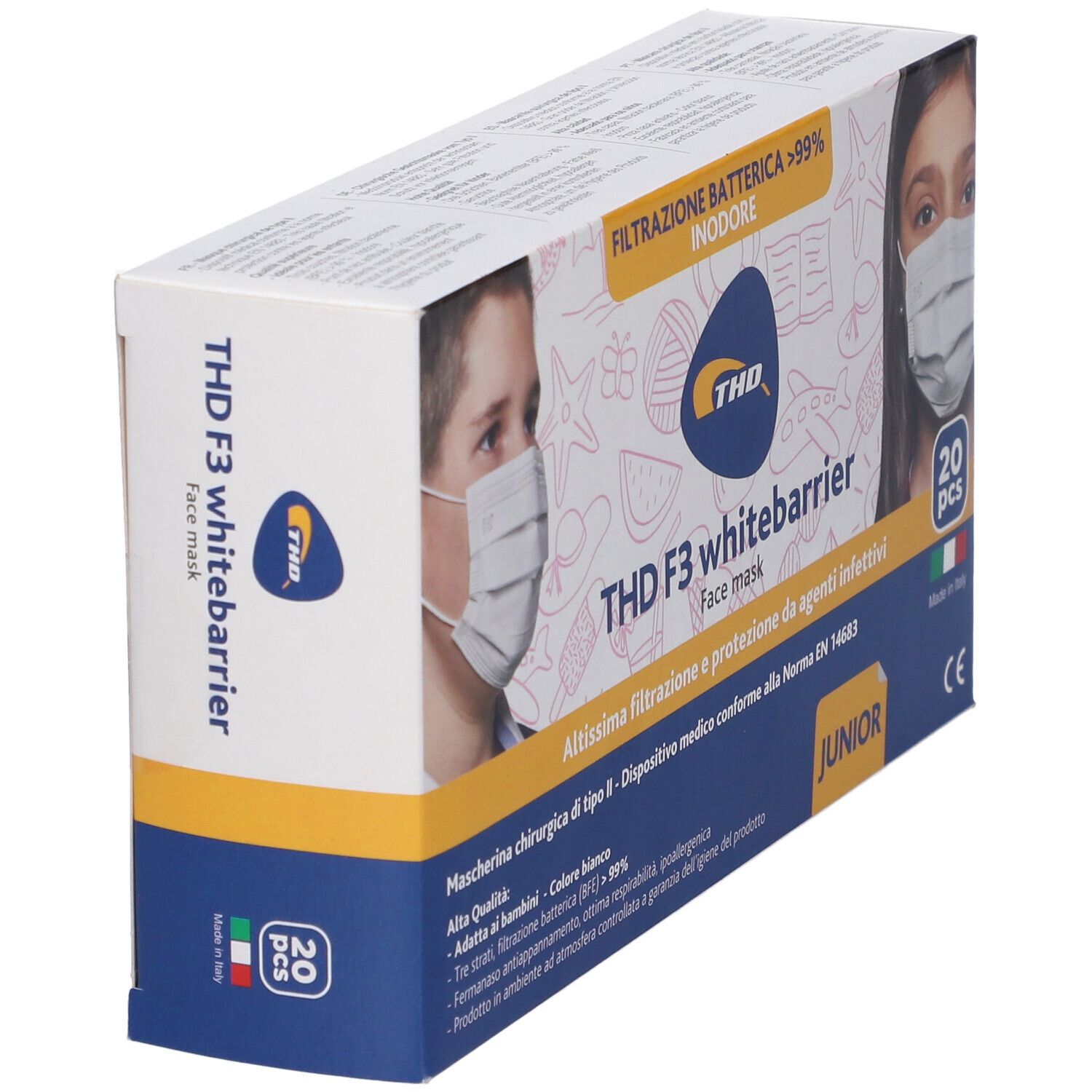 Scatola di mascherine facciali THD F3 whitebarrier Junior. 20 pezzi. Dispositivo medico. Filtrazione >99%.