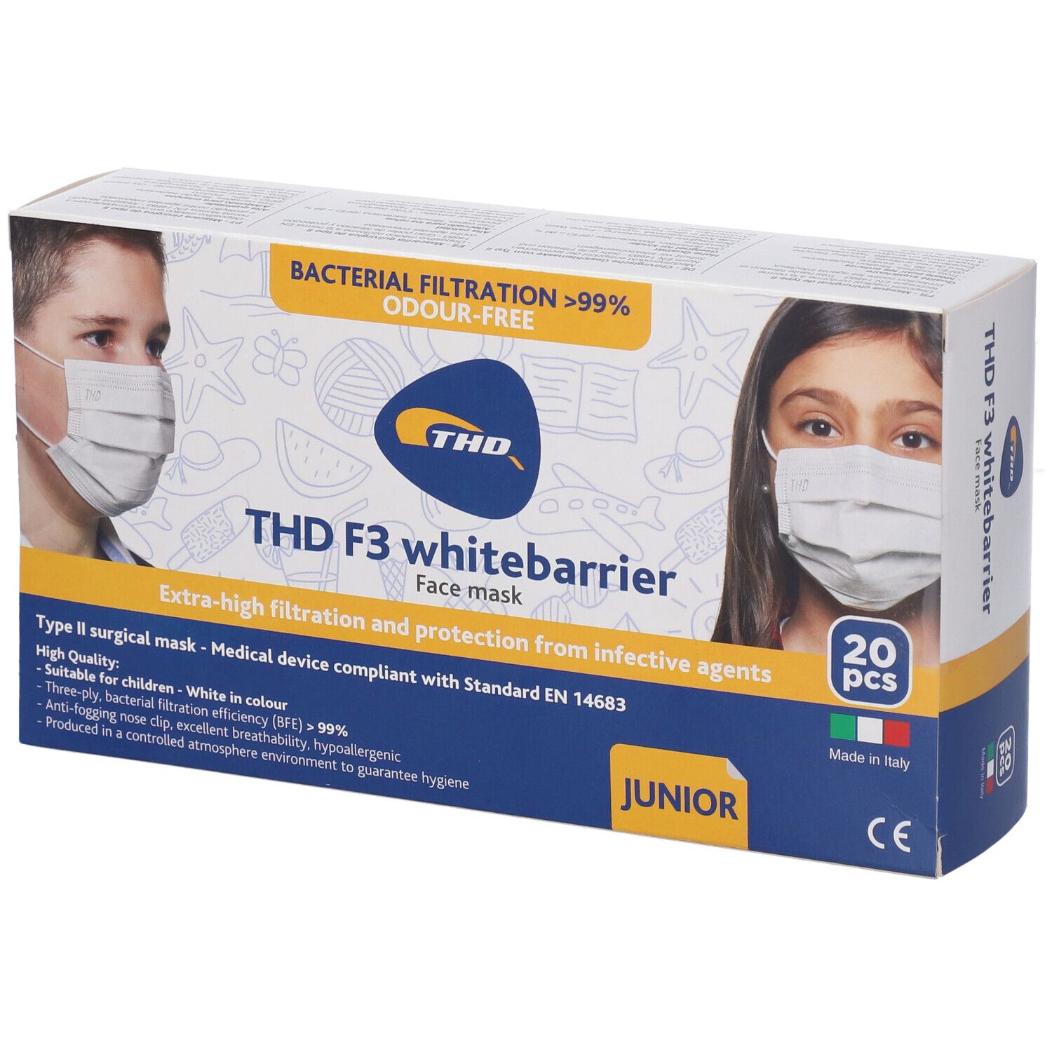 Confezione di mascherine facciali THD F3 whitebarrier Junior. 20 pezzi. Dispositivo medico. Filtrazione batterica >99%.