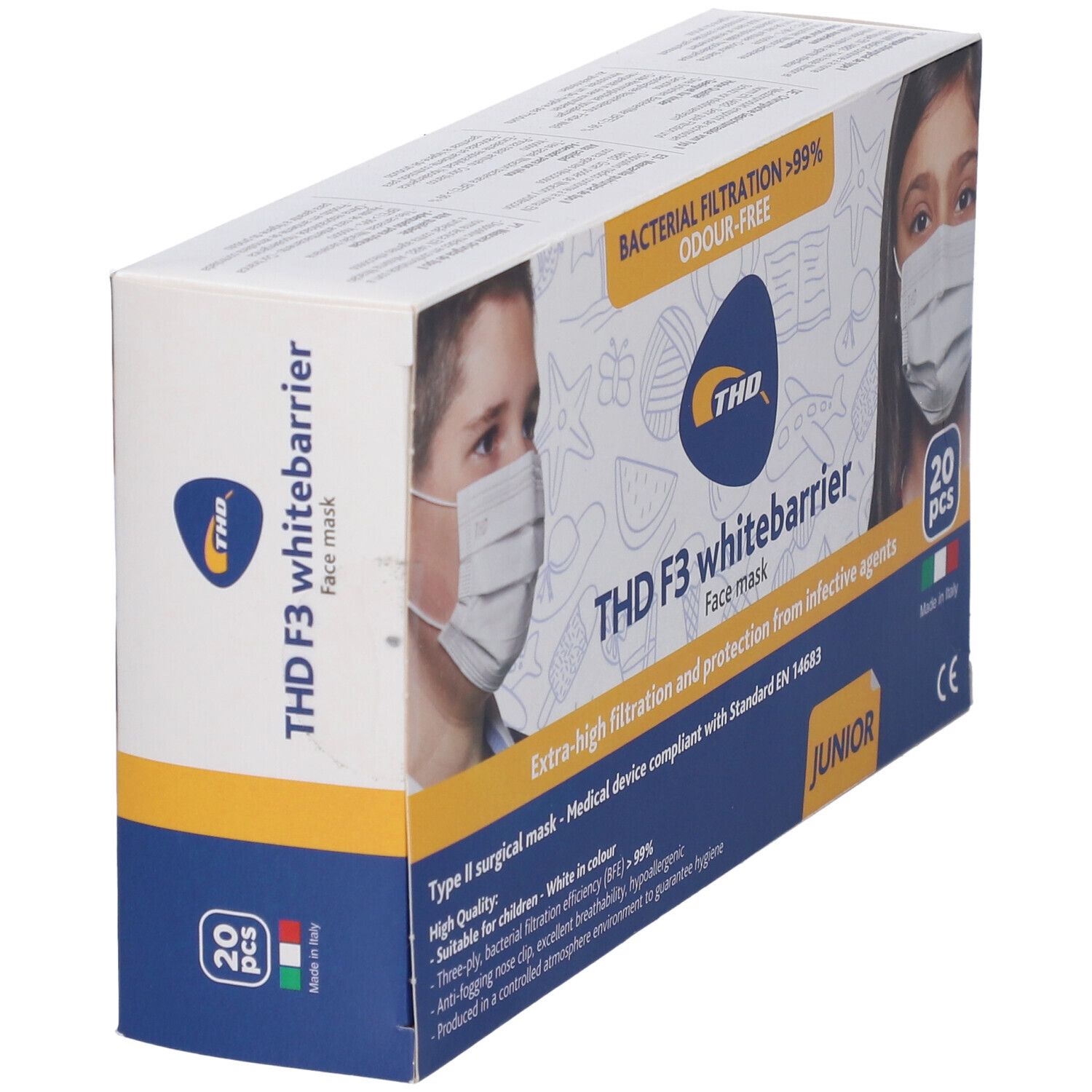 Scatola di mascherine facciali THD F3 whitebarrier Junior. 20 pezzi. Dispositivo medico. Filtrazione batterica >99%.