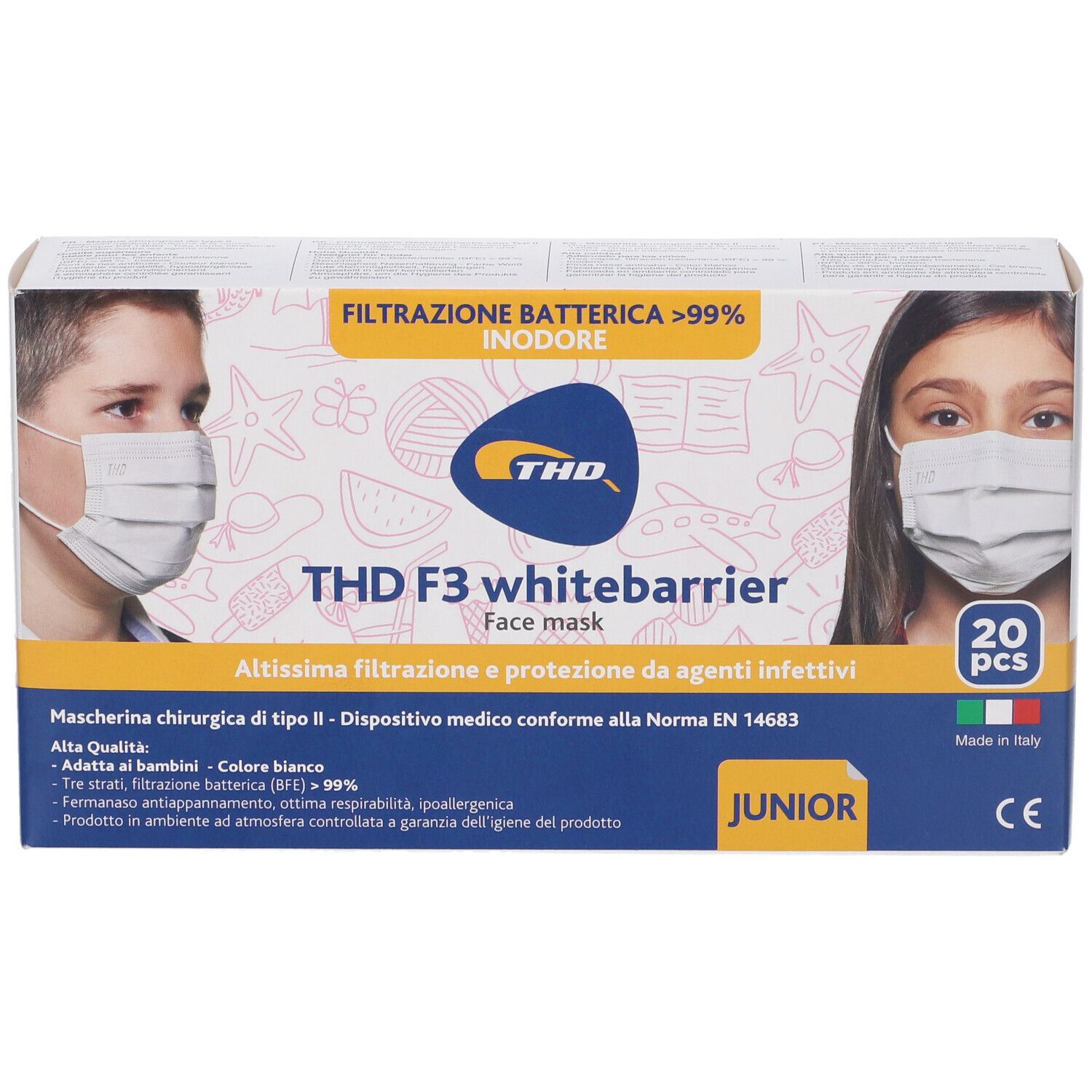 Confezione di mascherine facciali THD F3 whitebarrier Junior. 20 pezzi. Dispositivo medico. Filtrazione >99%.
