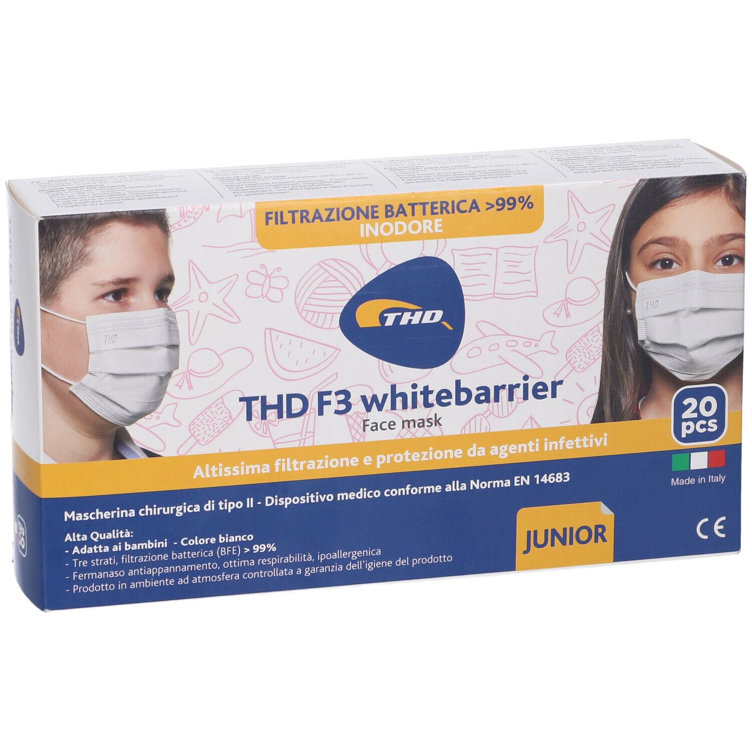Confezione di mascherine facciali THD F3 whitebarrier Junior. 20 pezzi. Dispositivo medico. Filtrazione >99%.