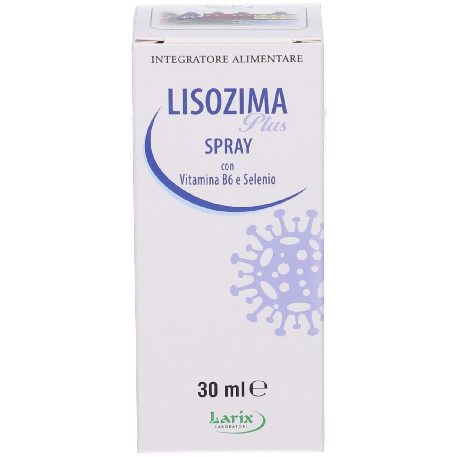 Confezione bianca con nome del prodotto e logo. LISOZIMA Plus Spray. Volume: 30 ml. Logo Larix.