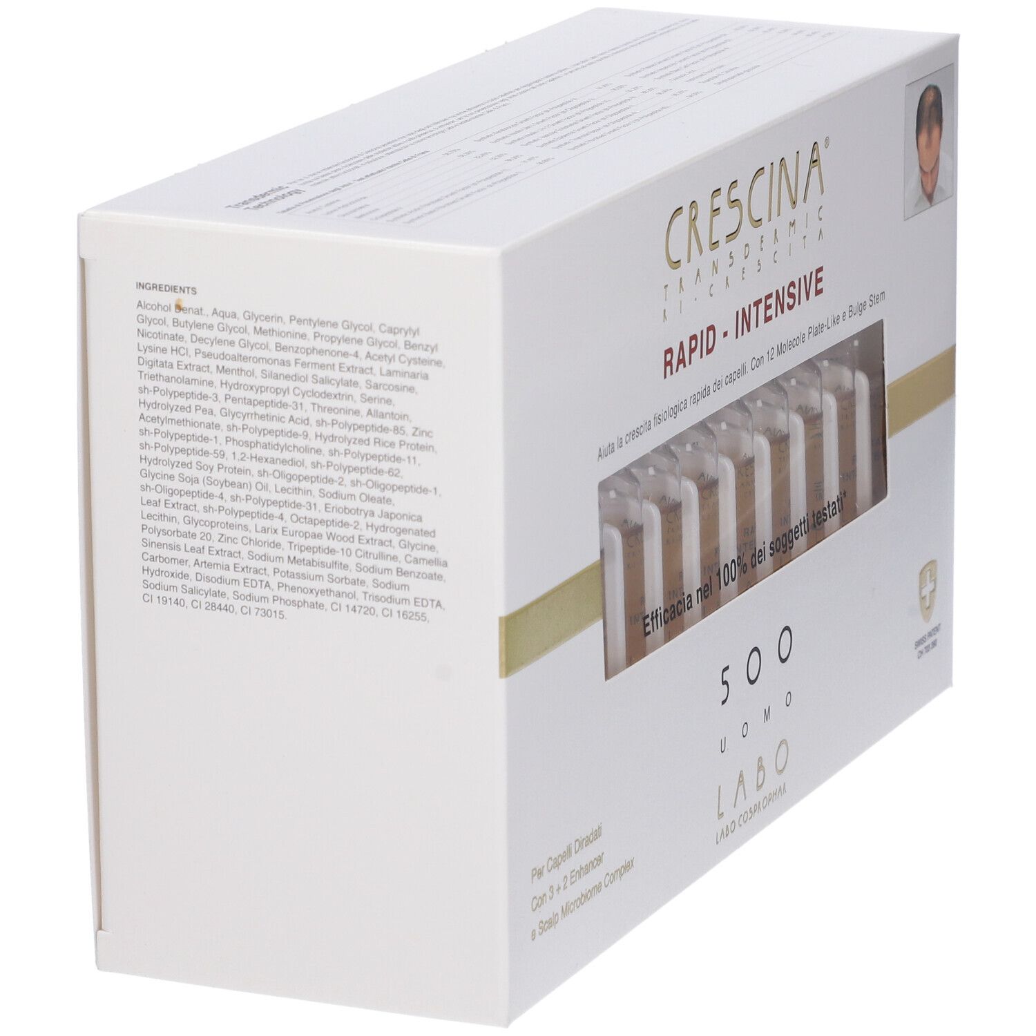 Scatola bianca con ingredienti. Scritto: Crescina Transdermic Ri-Crescita Rapid-Intensive 500 Uomo. Swiss Patent.