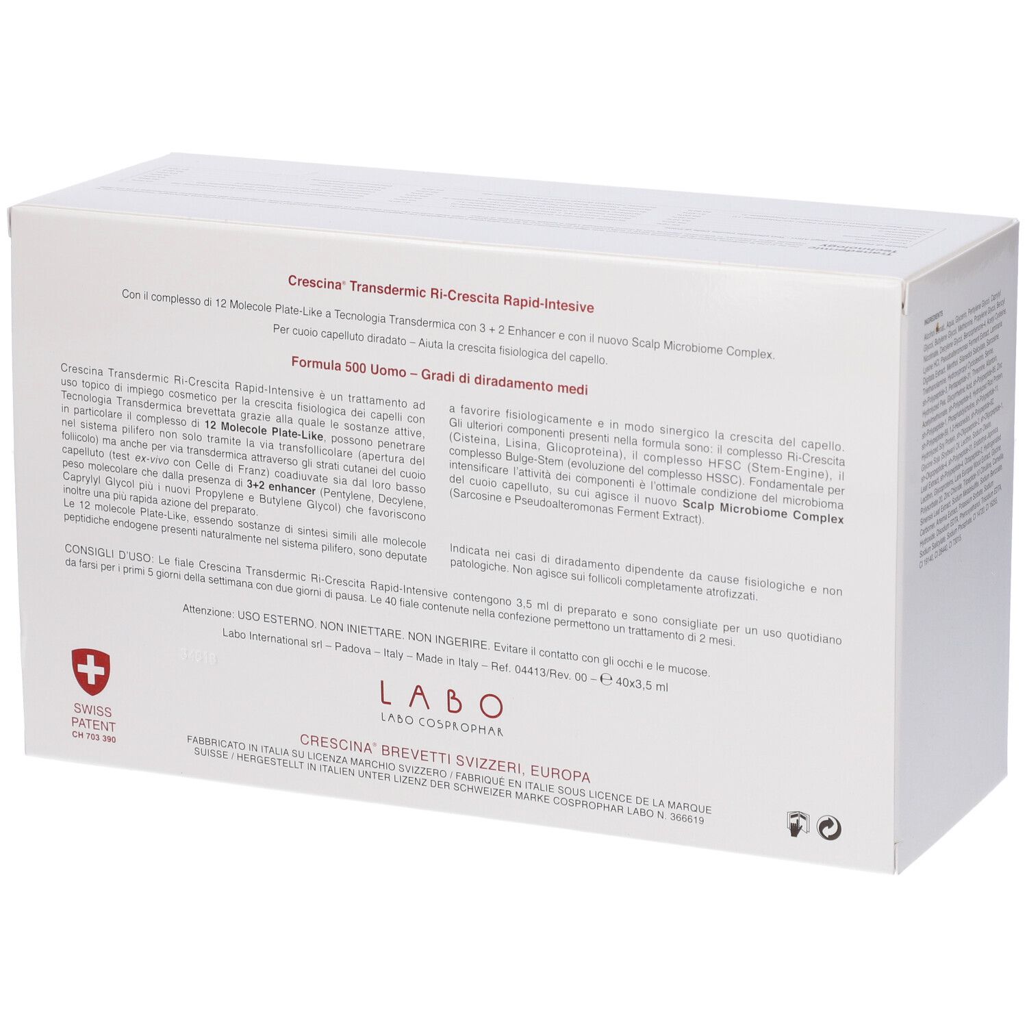 Retro della scatola. Testo: Crescina Transdermic Ri-Crescita Rapid-Intensive 500 Uomo. Swiss Patent.