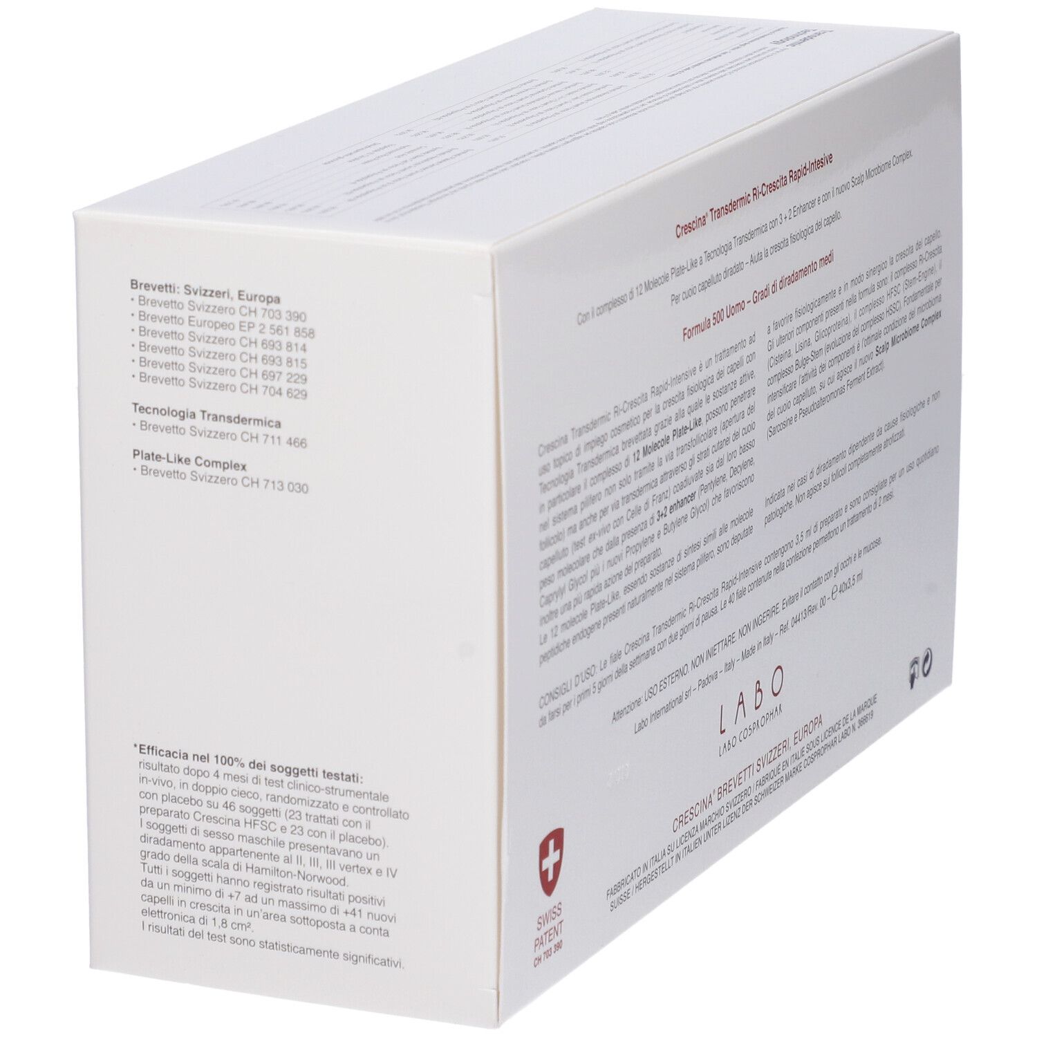 Scatola con testo. Scritto: Crescina Transdermic Ri-Crescita Rapid-Intensive 500 Uomo. Swiss Patent.