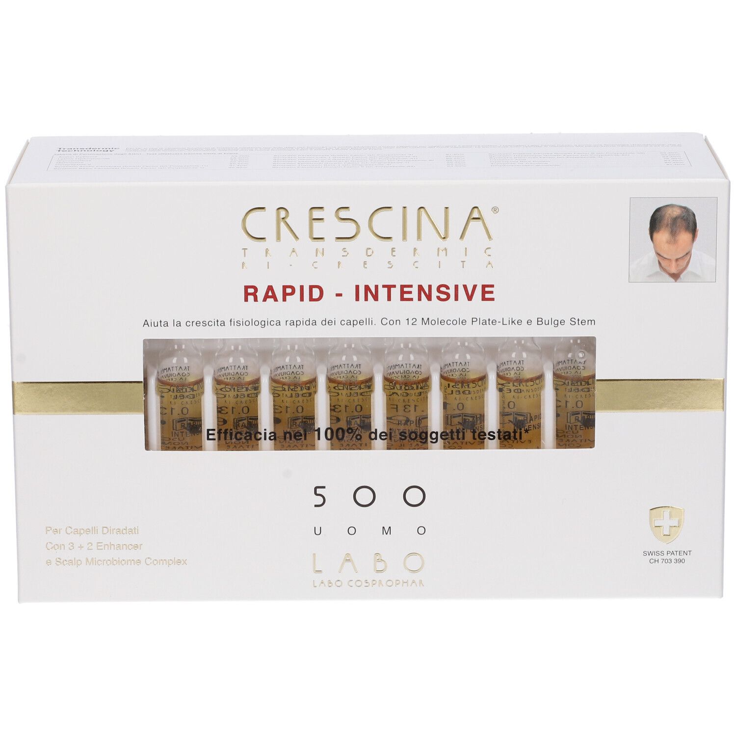 Scatola con fiale. Scritto: Crescina Transdermic Ri-Crescita Rapid-Intensive 500 Uomo. Swiss Patent.