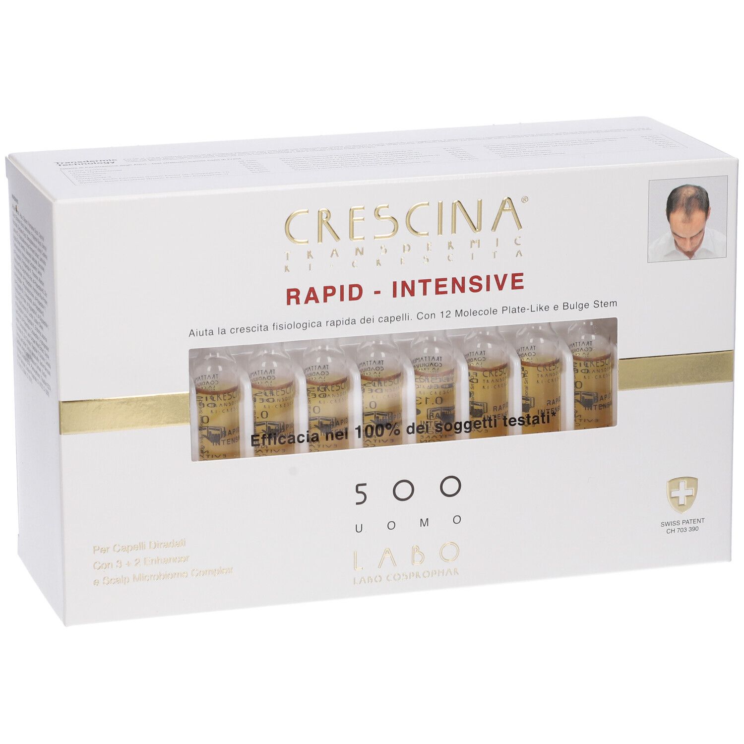 Scatola con fiale. Scritto: Crescina Transdermic Ri-Crescita Rapid-Intensive 500 Uomo. Swiss Patent.