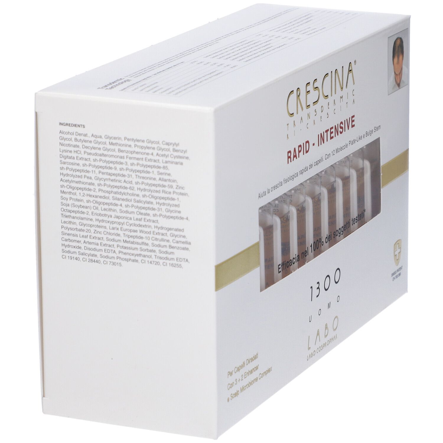 Confezione con ingredienti e fiale. Scritta: Crescina Rapid-Intensive 1300 Uomo. Ingredienti visibili.