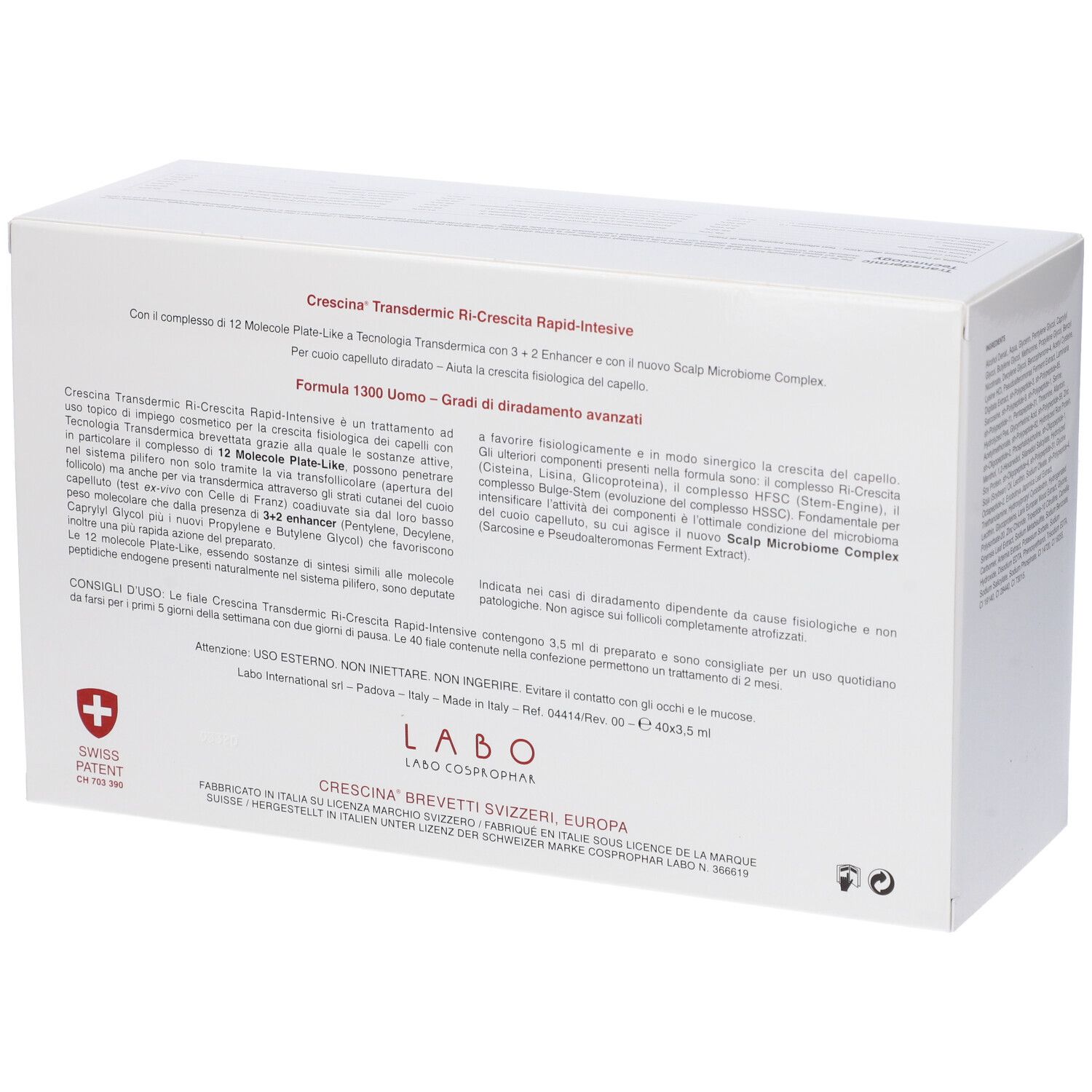 Retro della confezione. Testo: Crescina Transdermic Ri-Crescita Rapid-Intensive. Logo: LABO.