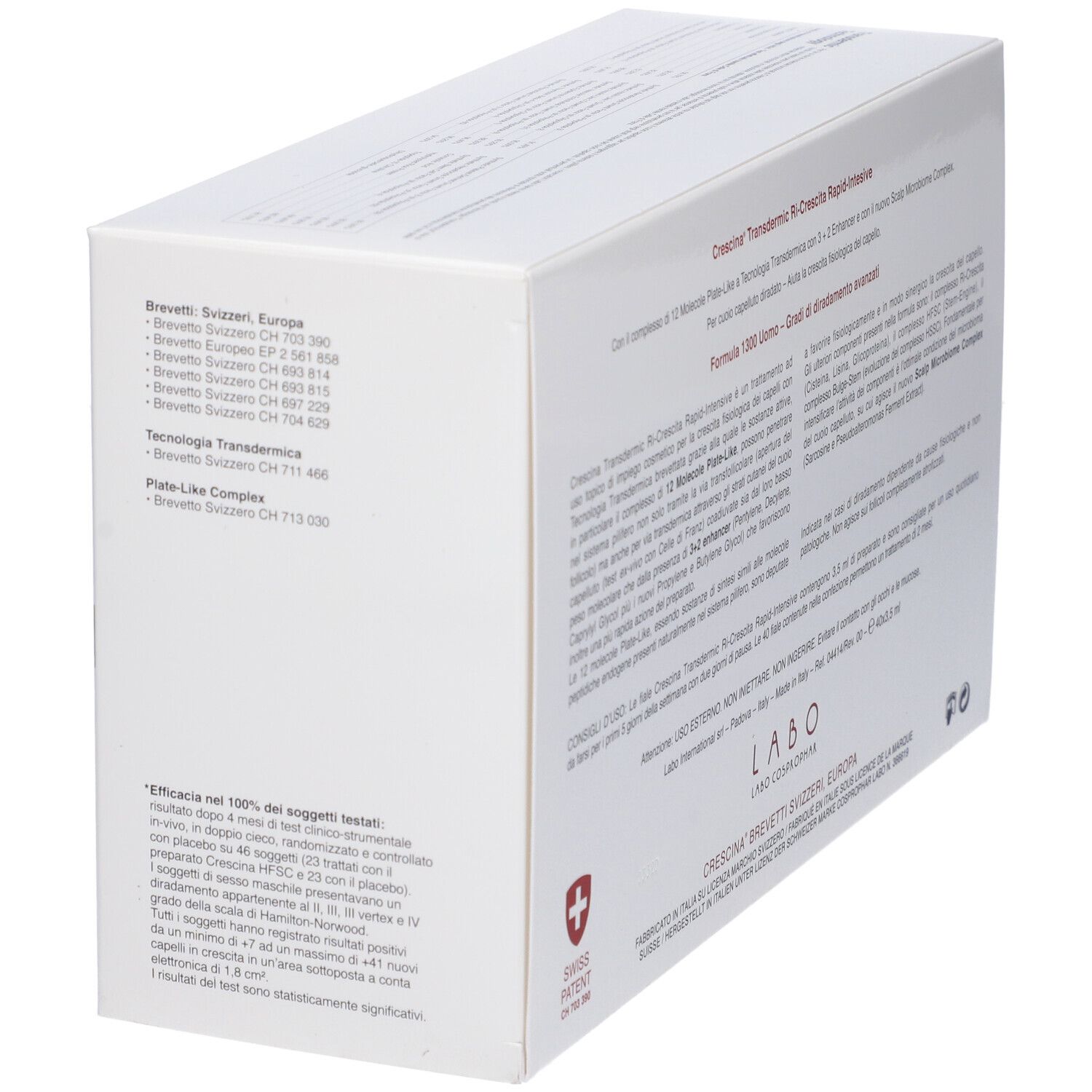 Retro della confezione. Testo: Crescina Transdermic Ri-Crescita Rapid-Intensive. Logo: LABO.