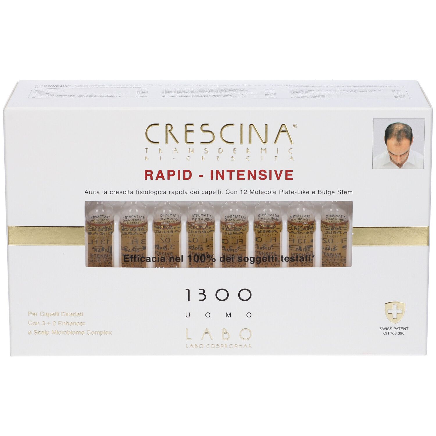 Confezione Crescina Rapid-Intensive 1300 Uomo con fiale visibili. Scritta: Crescina, Rapid-Intensive.