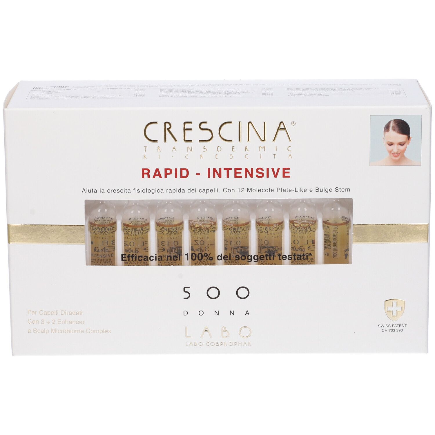 Scatola bianca con fiale. Scritta: Crescina Transdermic Rapid-Intensive 500 Donna. Finestra con fiale visibili.