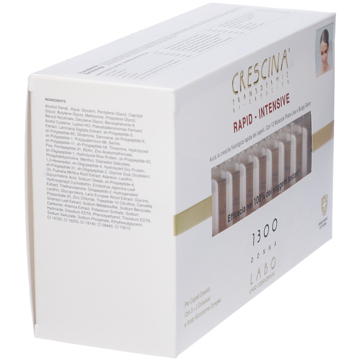 Scatola bianca con informazioni prodotto. Scritto: Crescina Transdermic Rapid-Intensive. Ingredienti e testo.