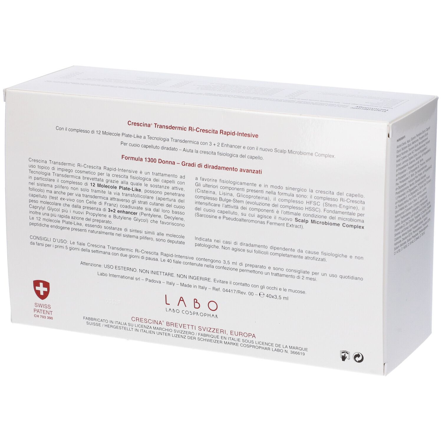 Scatola bianca con testo. Scritto: Crescina Transdermic Ri-Crescita Rapid-Intensive. Testo e logo.