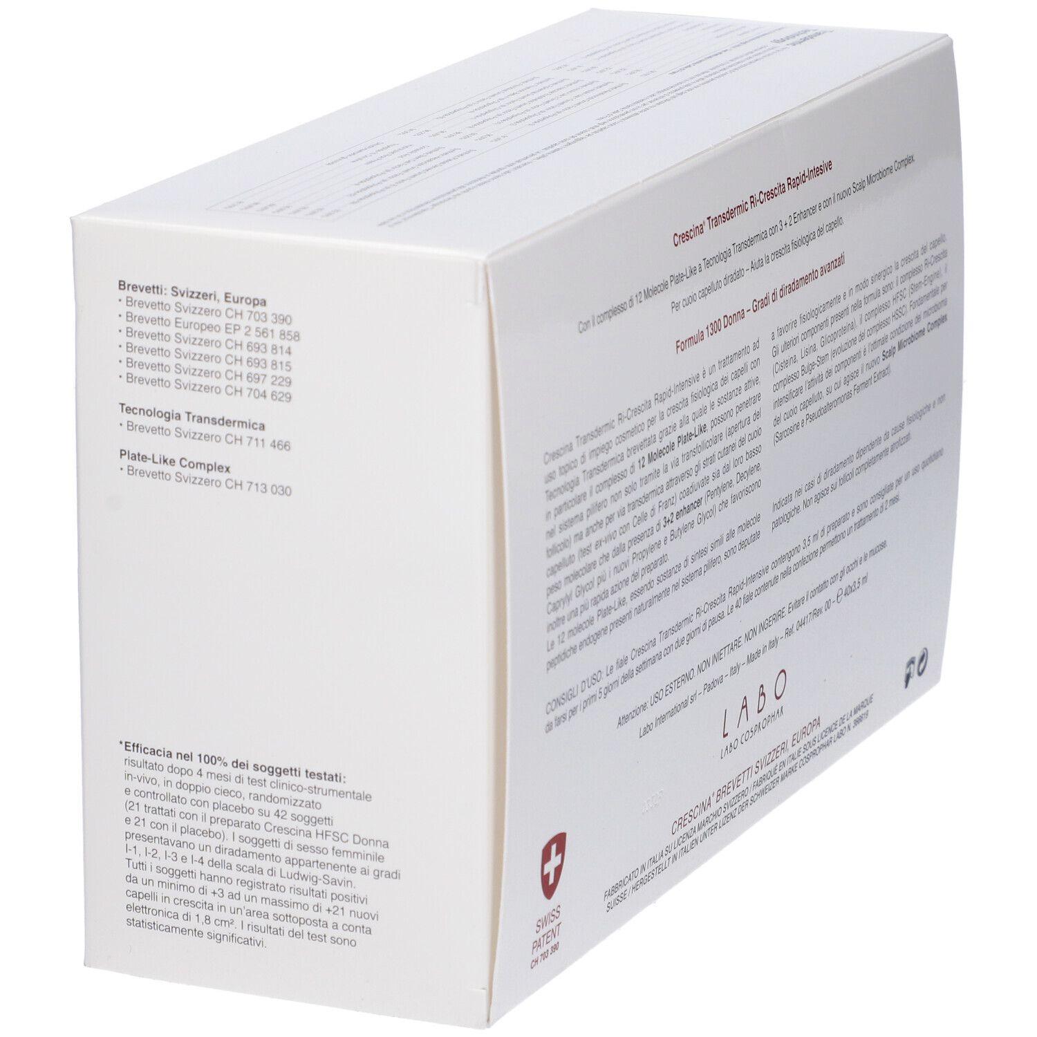 Scatola bianca con testo. Scritto: Crescina Transdermic Ri-Crescita Rapid-Intensive. Testo e logo.