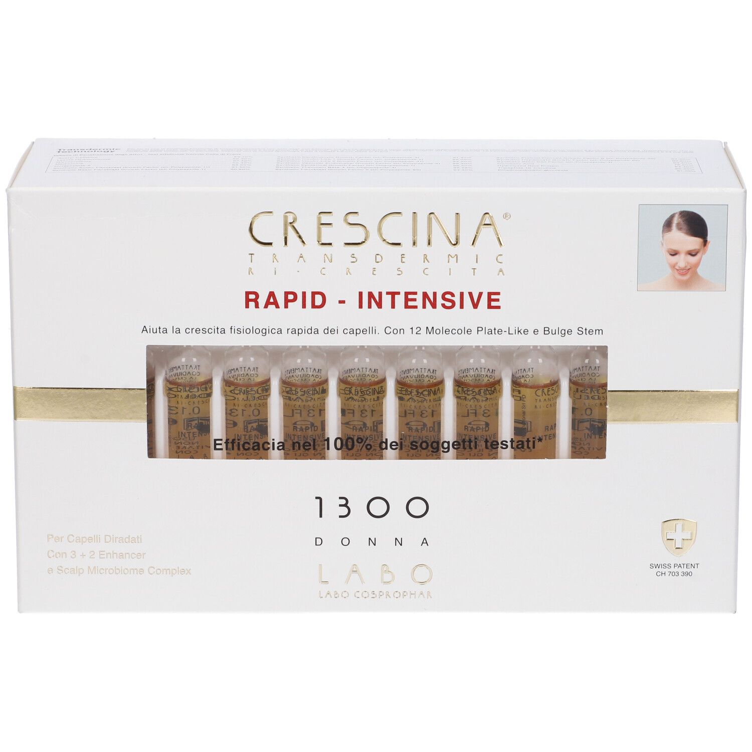 Scatola bianca con fiale. Scritto: Crescina Transdermic Rapid-Intensive 1300 Donna. Finestra con fiale.