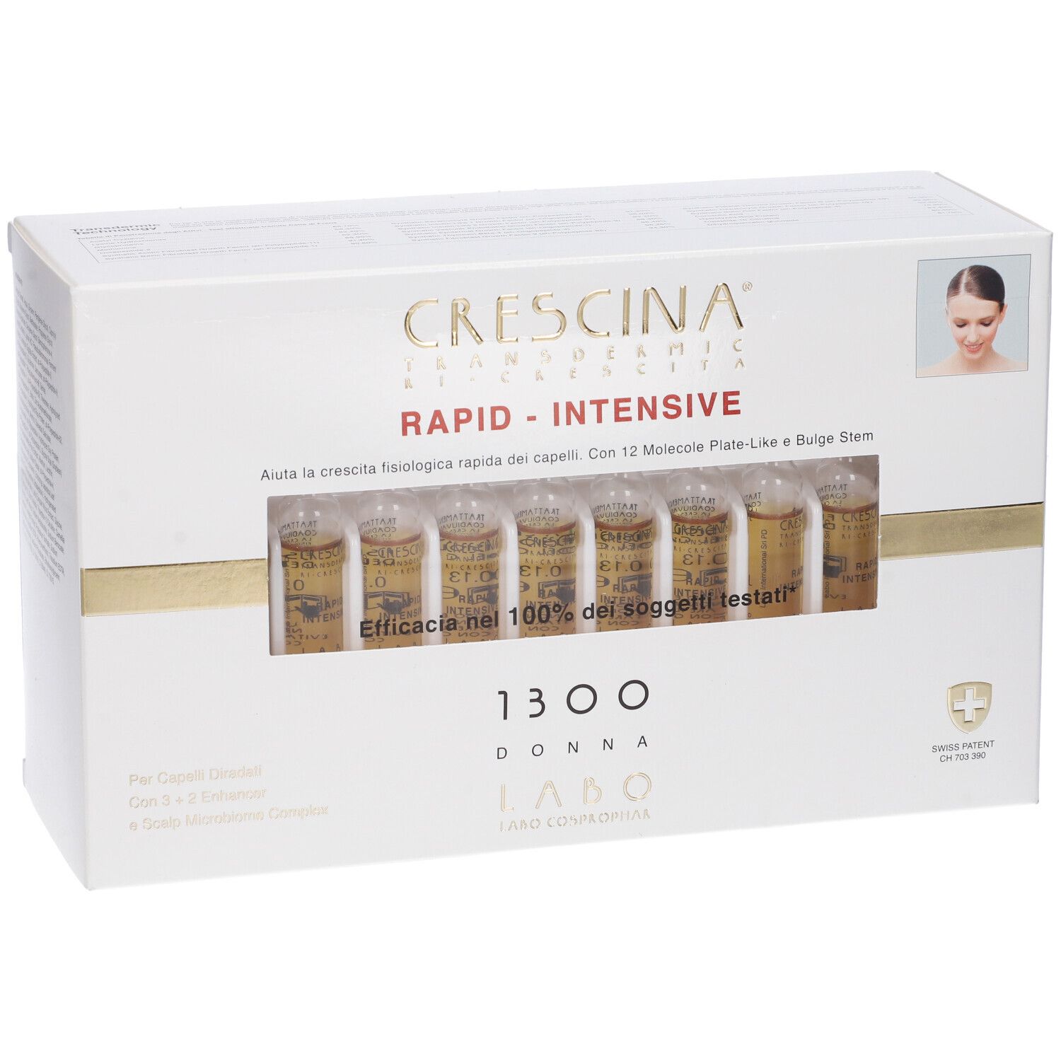 Scatola bianca con fiale. Scritto: Crescina Transdermic Rapid-Intensive 1300 Donna. Finestra con fiale.