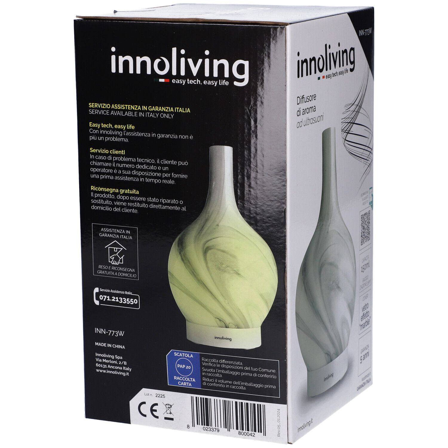 Confezione con diffusore di aroma. Vetro bianco effetto marmo. Marchio: Innoliving. Testo: Servizio assistenza in garanzia Italia.