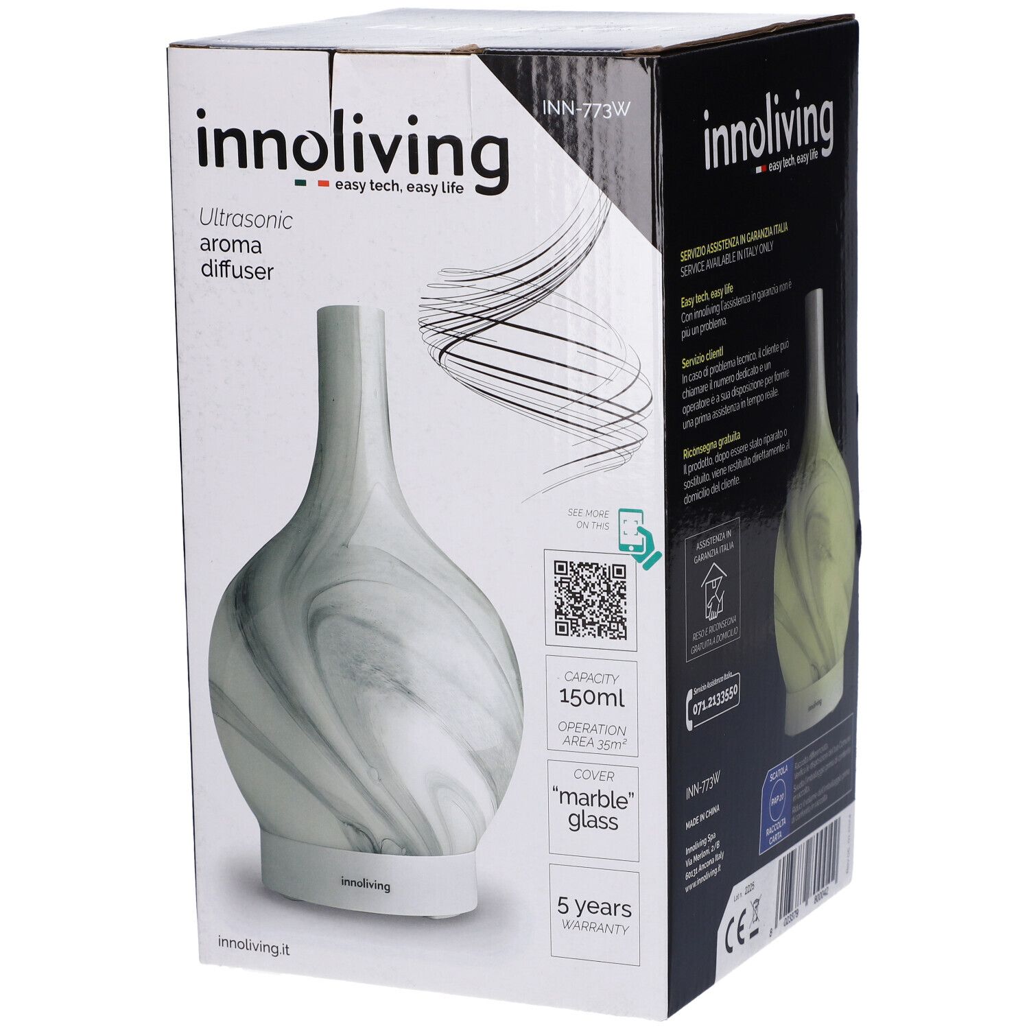 Diffusore di aroma in confezione. Vetro bianco effetto marmo. Marchio: Innoliving. Testo: Ultrasonic aroma diffuser.