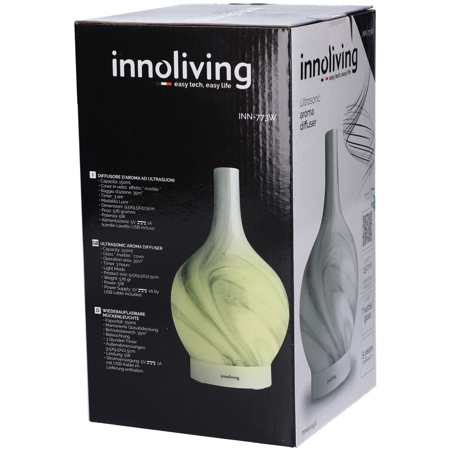Confezione con diffusore di aroma. Vetro bianco effetto marmo. Marchio: Innoliving. Testo: Diffusore di aroma ad ultrasuoni.