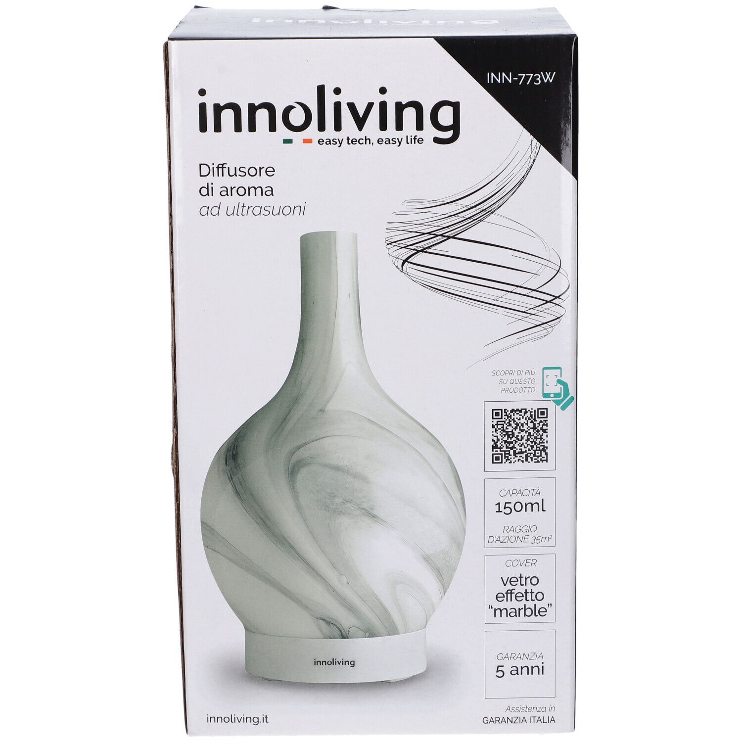 Diffusore di aroma in confezione. Vetro bianco effetto marmo. Marchio: Innoliving. Testo: Diffusore di aroma ad ultrasuoni.