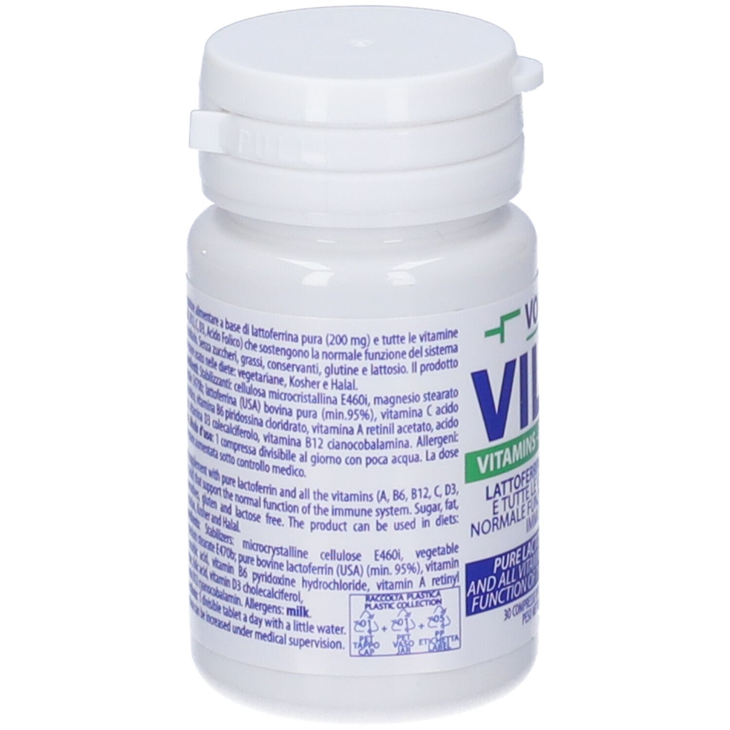 Flacone di compresse bianco. Scritta: VOLCHEM VILAC, Vitamine - Lattoferrina. Retro con ingredienti e istruzioni.