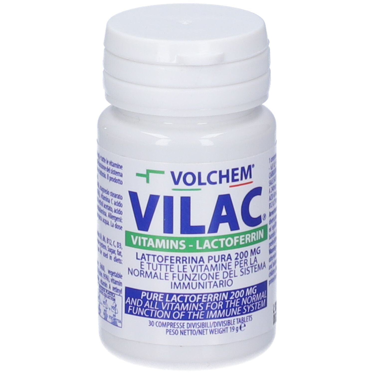 Flacone di compresse bianco con etichetta verde e blu. Scritta: VOLCHEM VILAC, Vitamine - Lattoferrina.