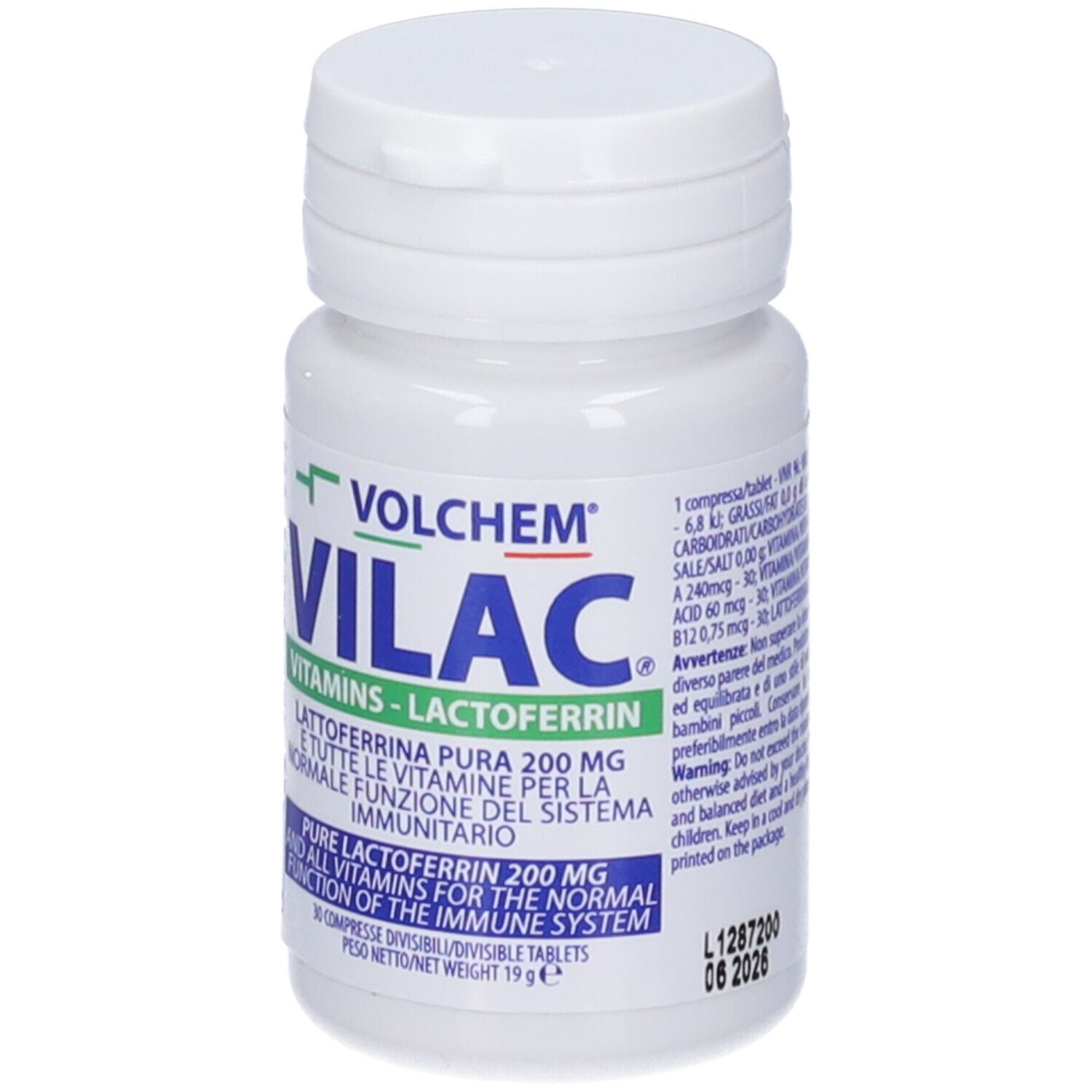 Flacone di compresse bianco con etichetta verde e blu. Scritta: VOLCHEM VILAC, Vitamine - Lattoferrina. Dettagli sul lato.